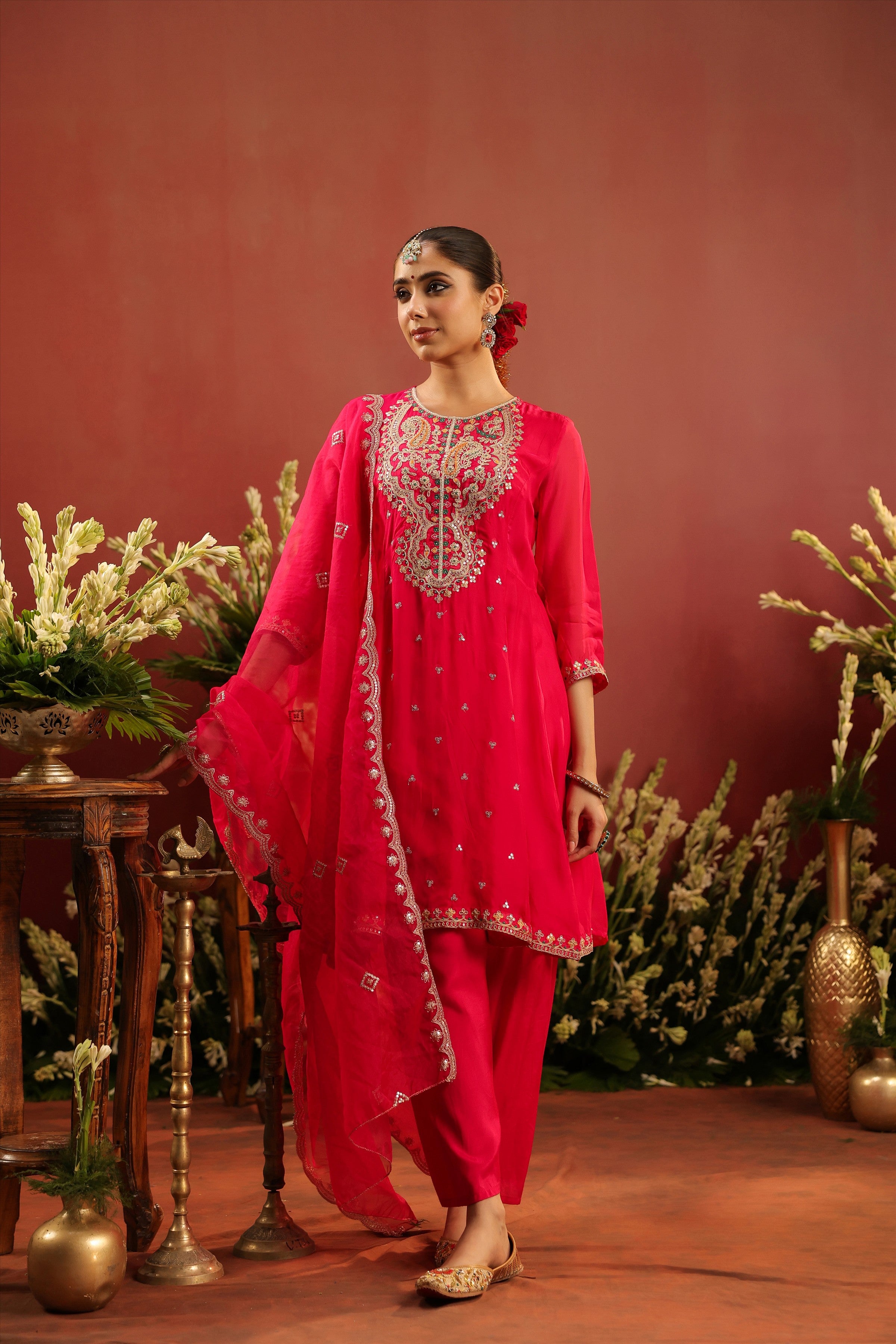 Fuchsia Organza Silk Embroidered Anarkali Suit Set