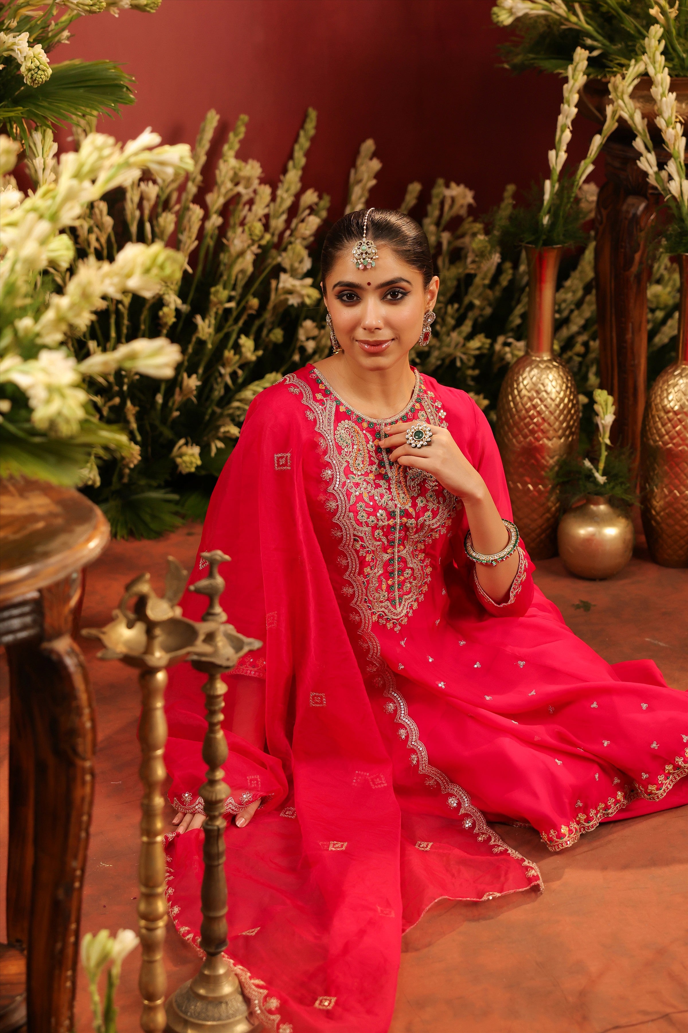 Fuchsia Organza Silk Embroidered Anarkali Suit Set