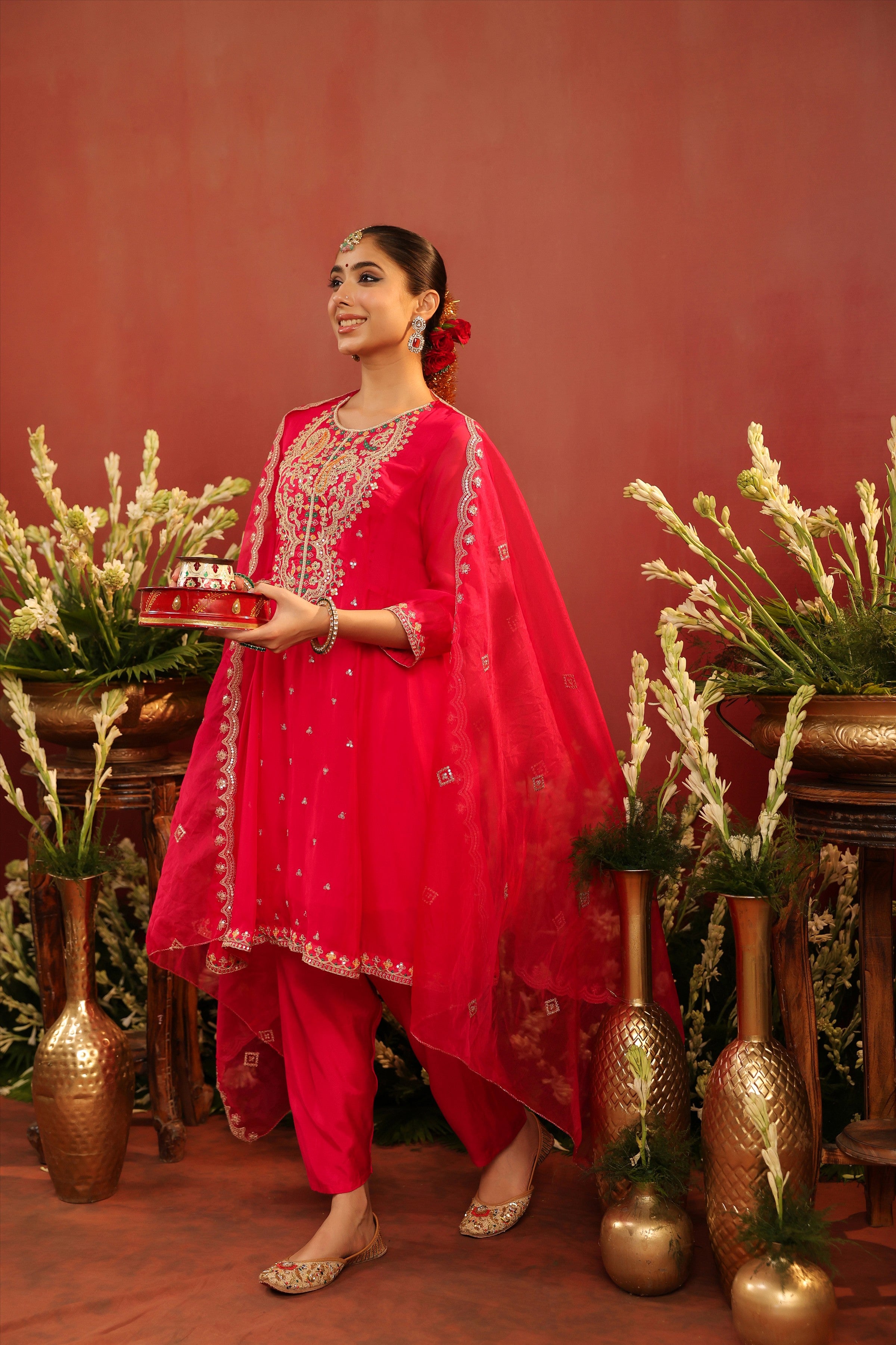 Fuchsia Organza Silk Embroidered Anarkali Suit Set