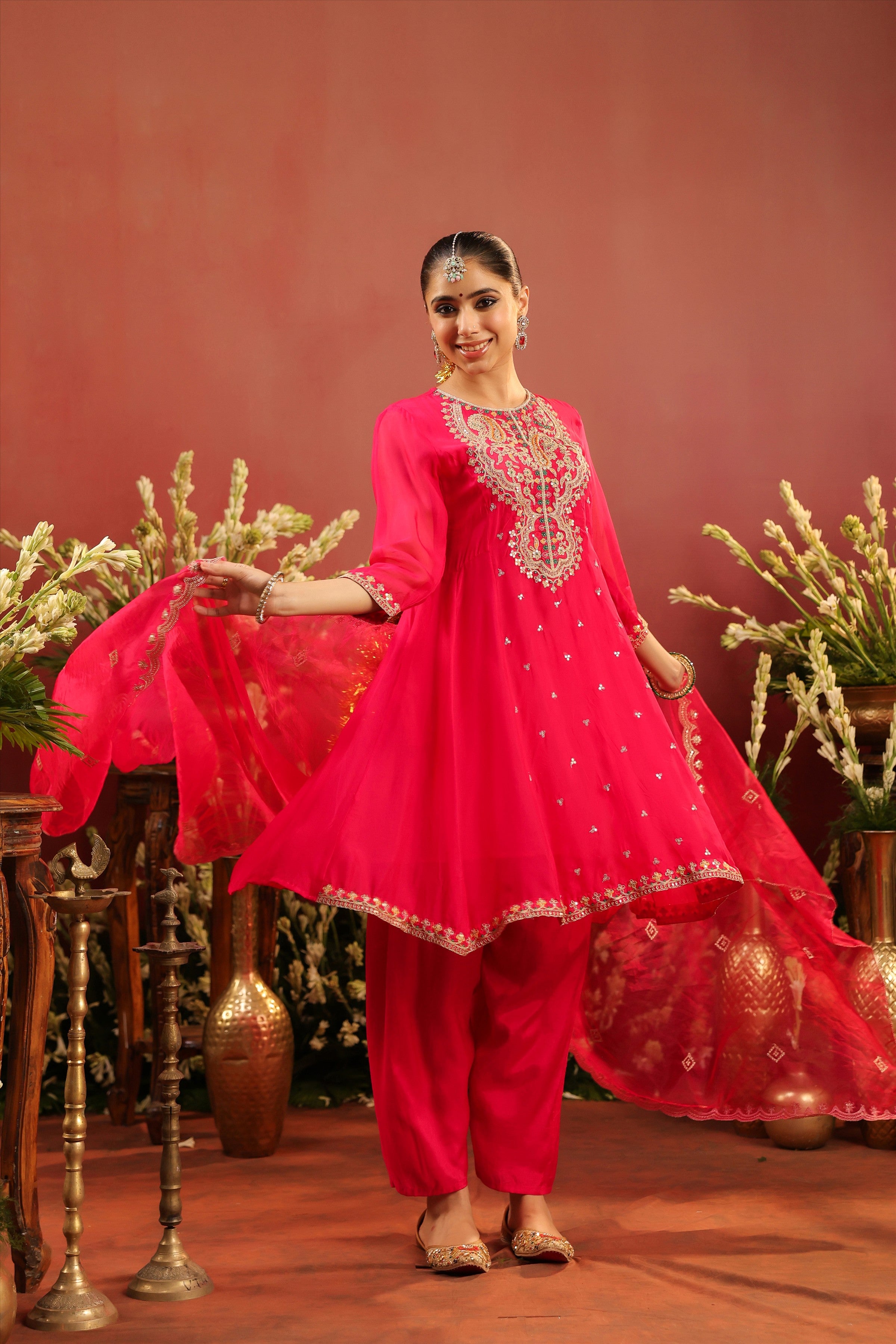 Fuchsia Organza Silk Embroidered Anarkali Suit Set
