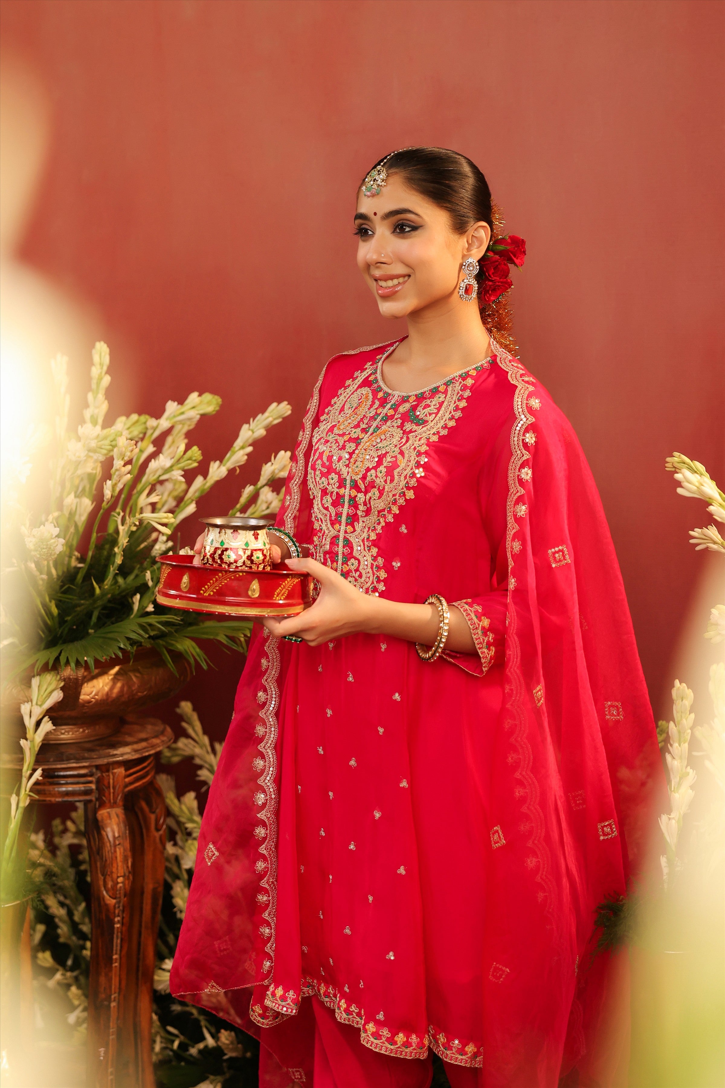 Fuchsia Organza Silk Embroidered Anarkali Suit Set