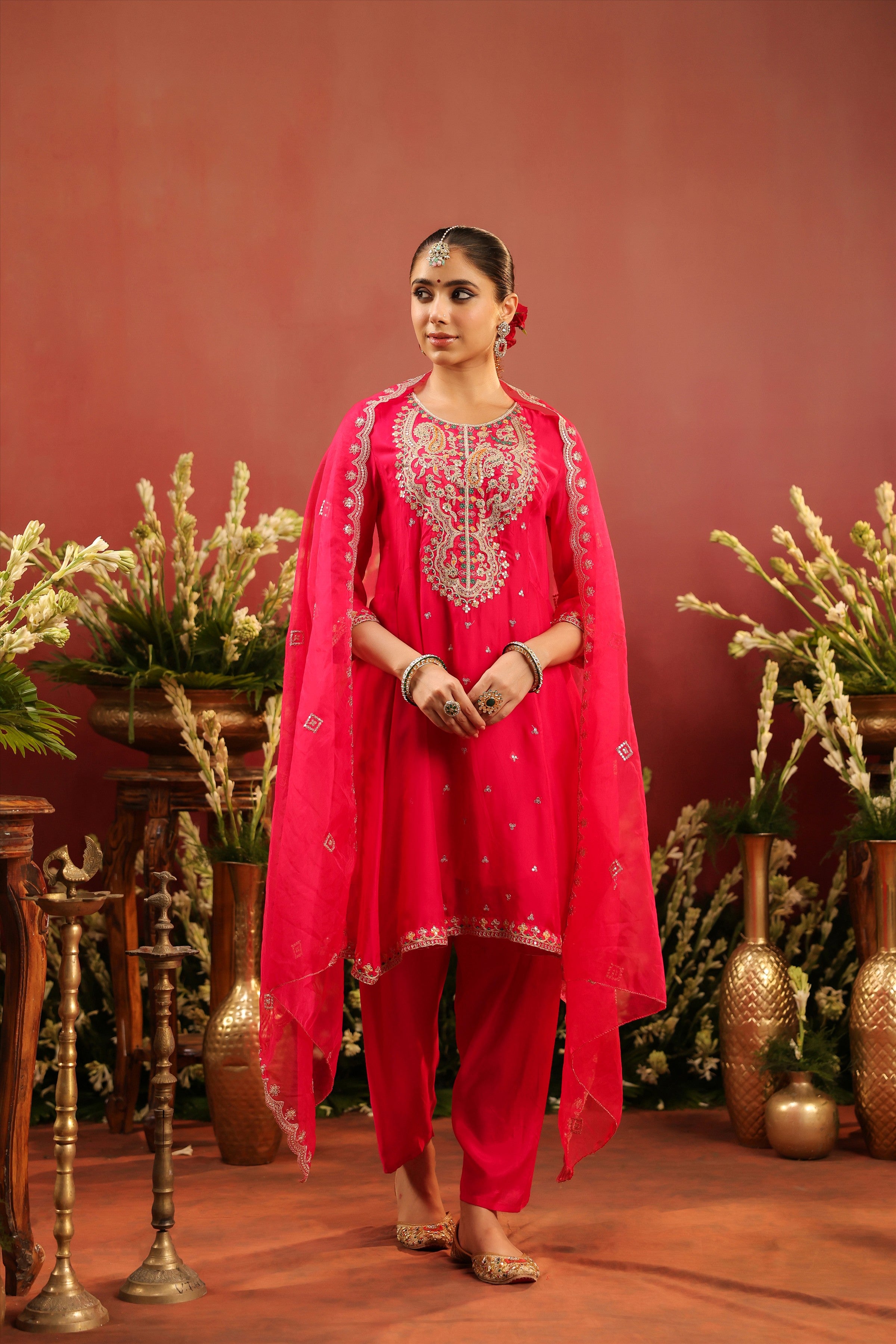 Fuchsia Organza Silk Embroidered Anarkali Suit Set