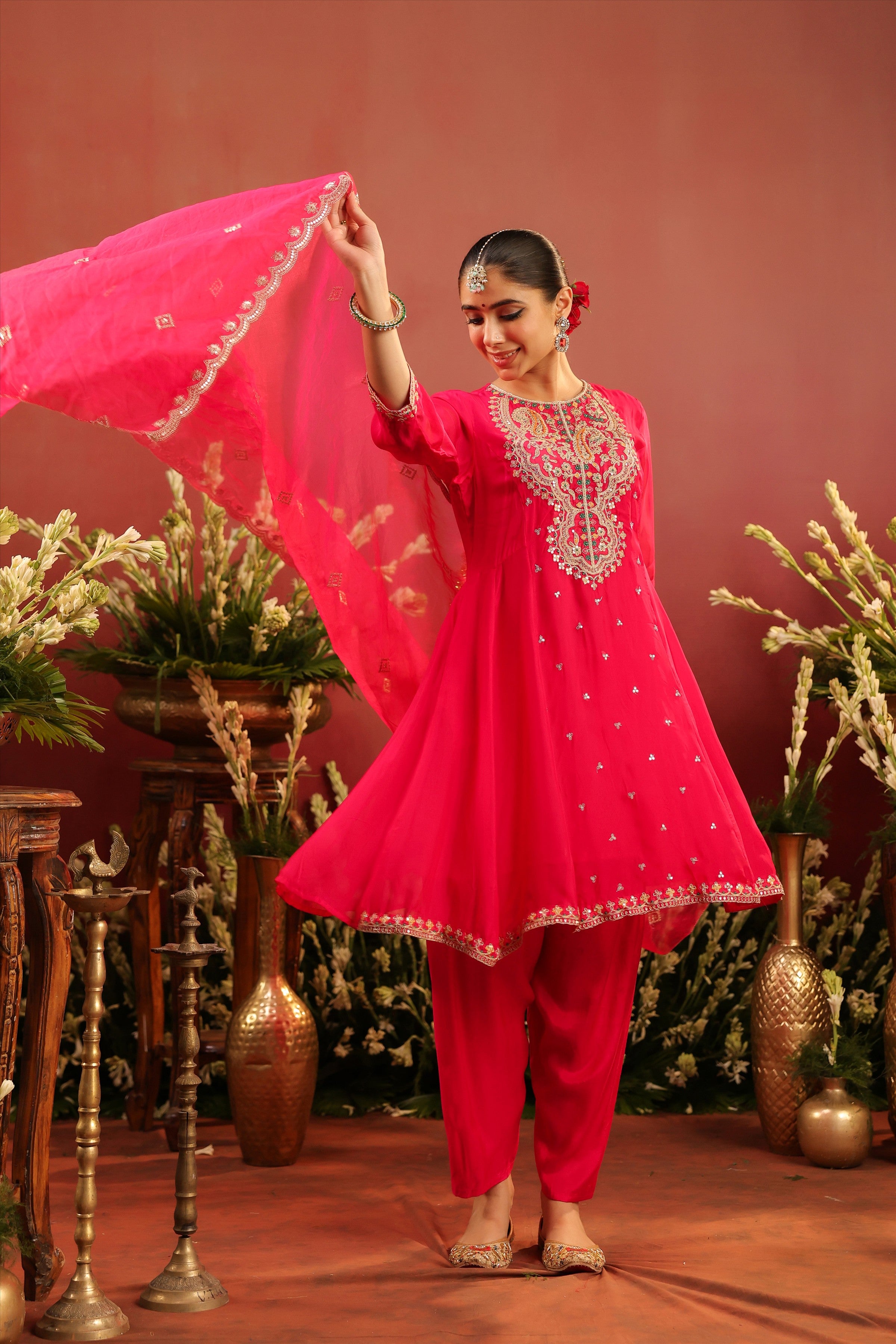 Fuchsia Organza Silk Embroidered Anarkali Suit Set