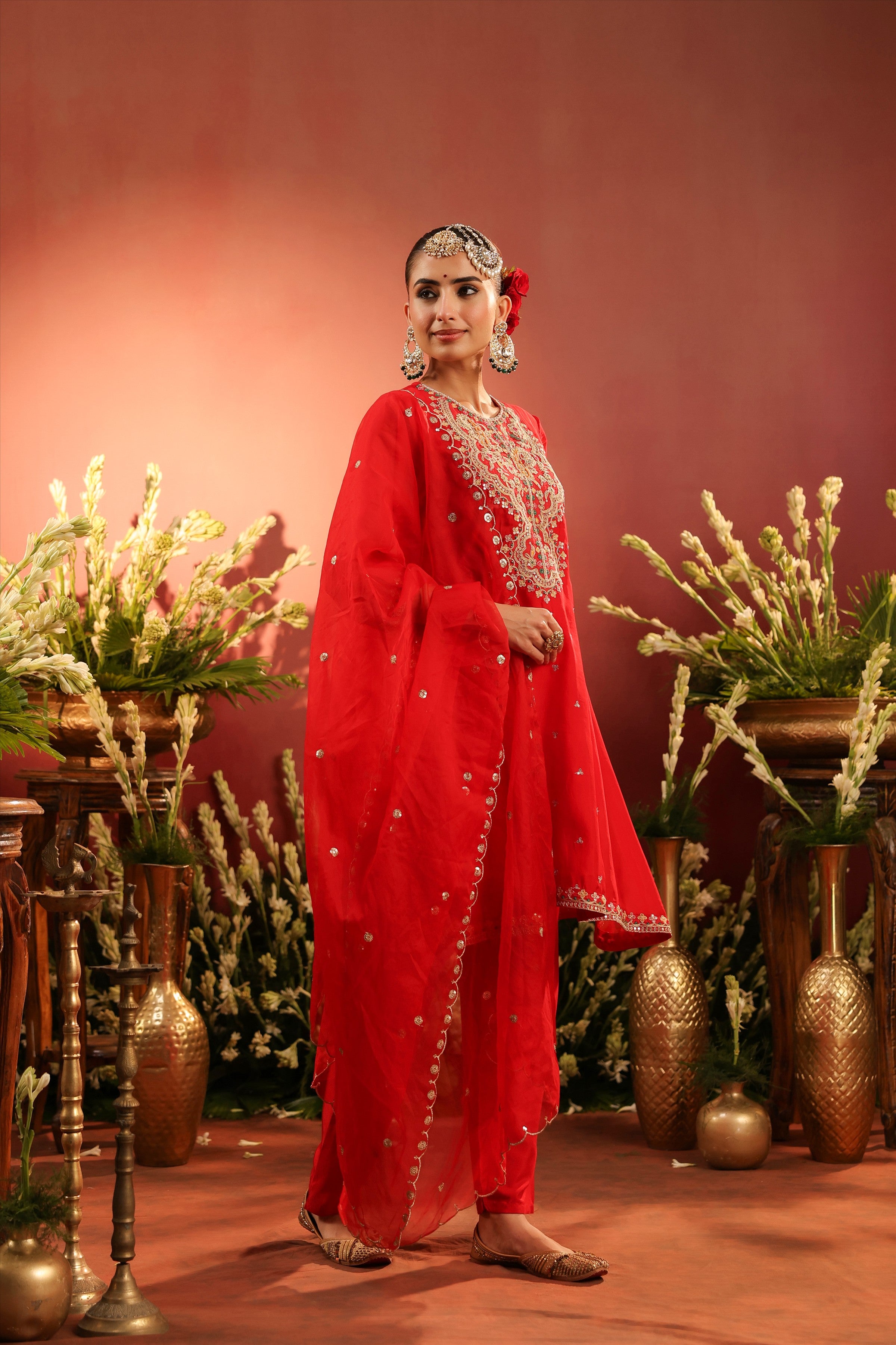 Red Organza Silk Embroidered Anarkali Suit Set