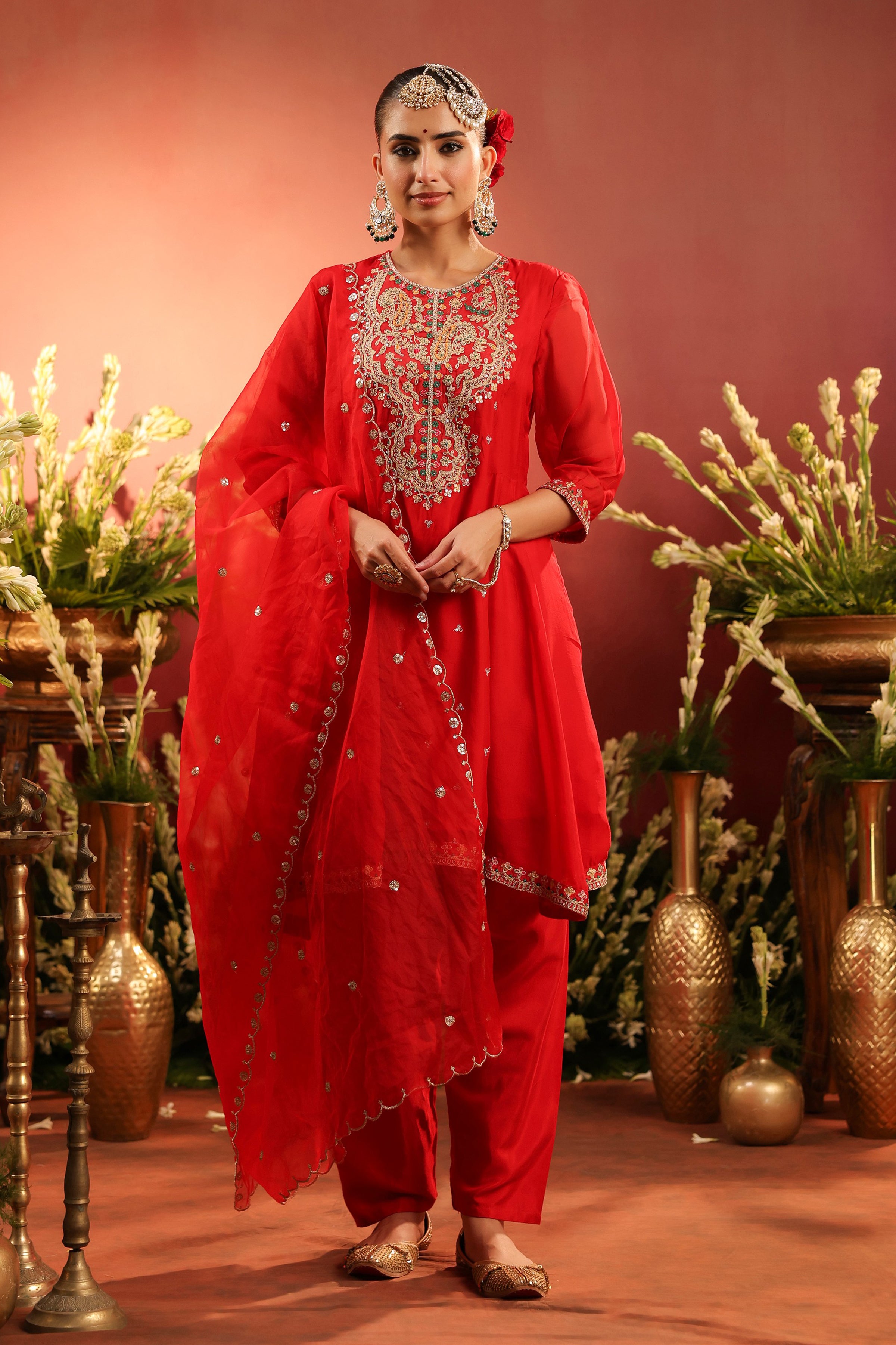Red Organza Silk Embroidered Anarkali Suit Set
