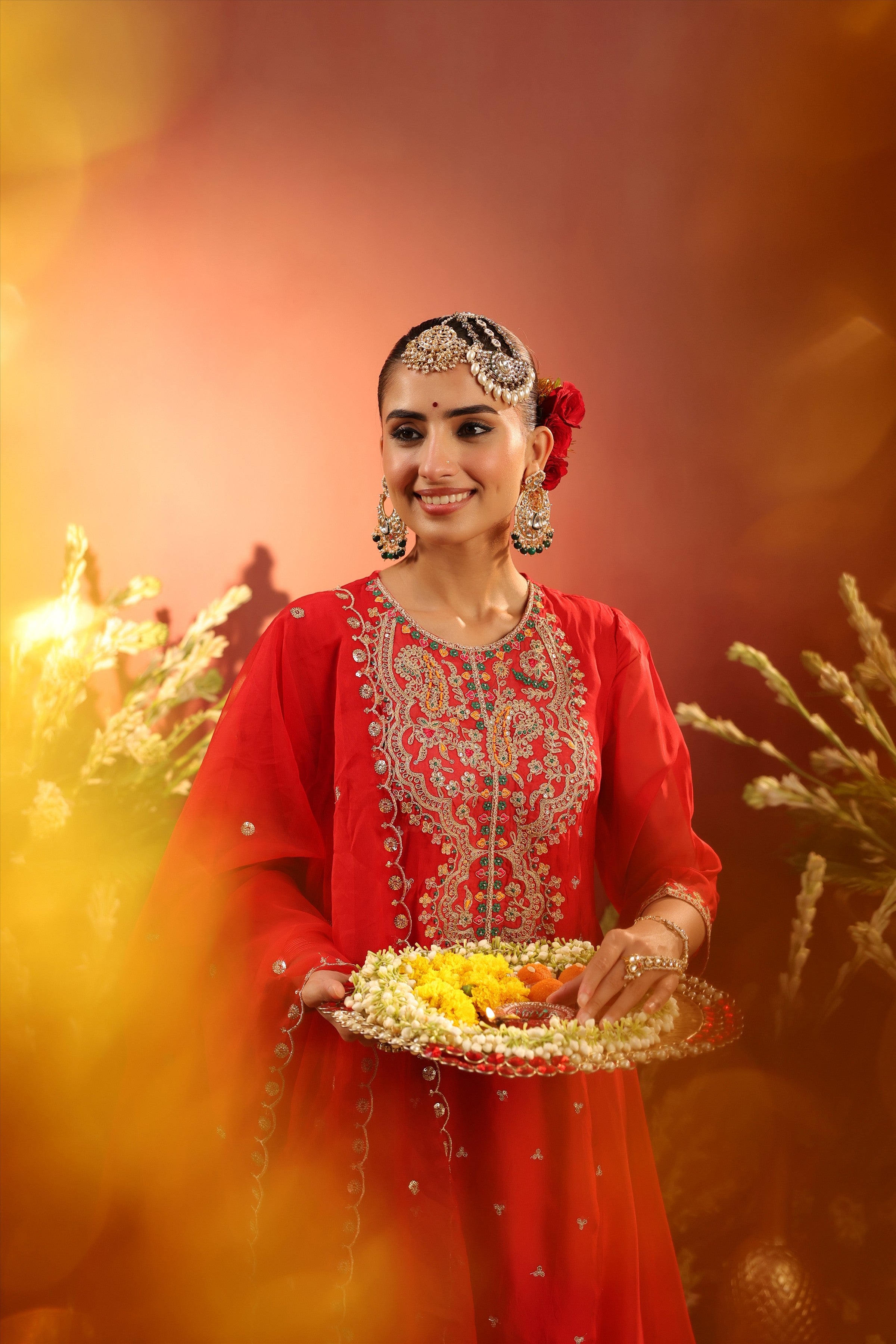 Red Organza Silk Embroidered Anarkali Suit Set