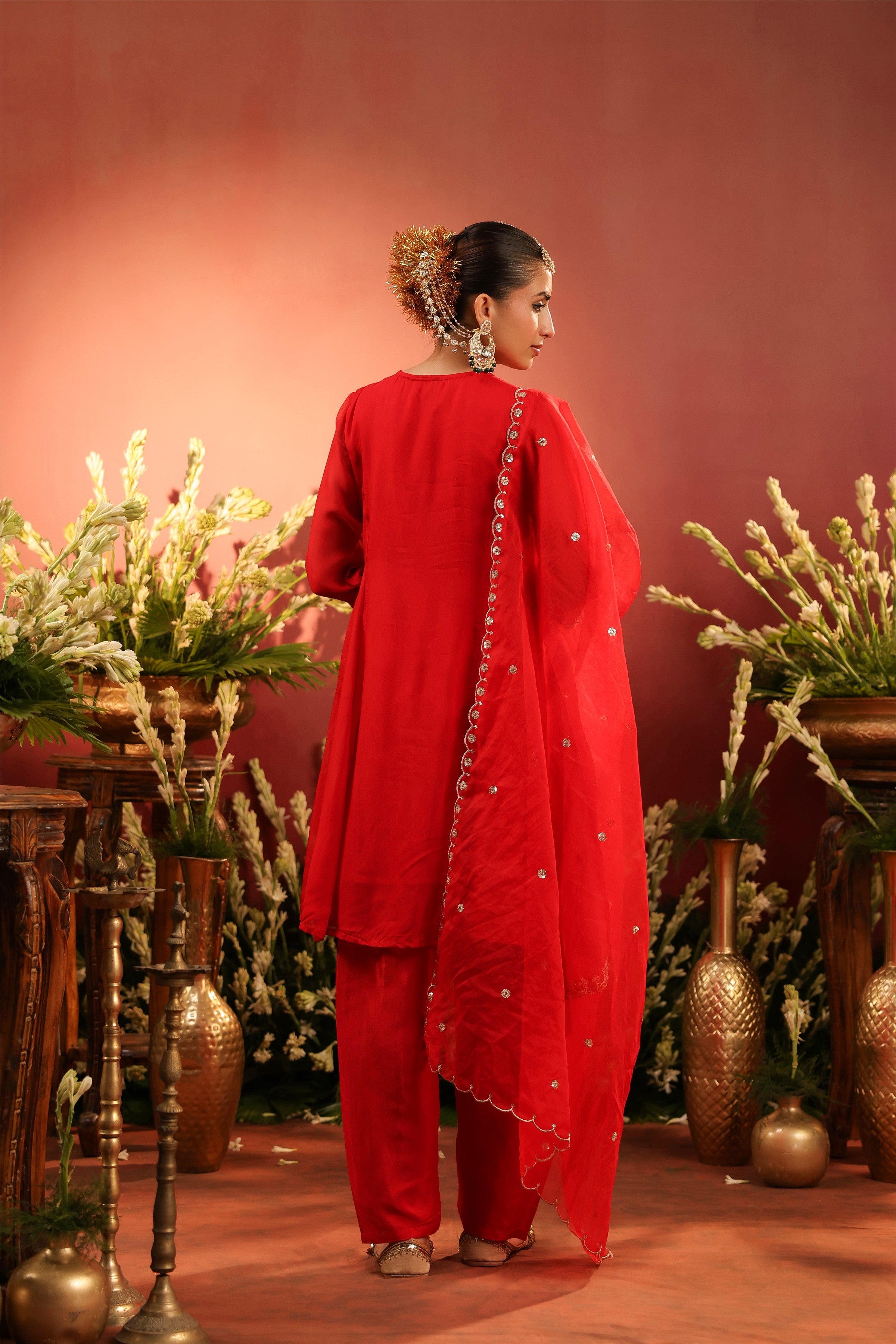 Red Organza Silk Embroidered Anarkali Suit Set