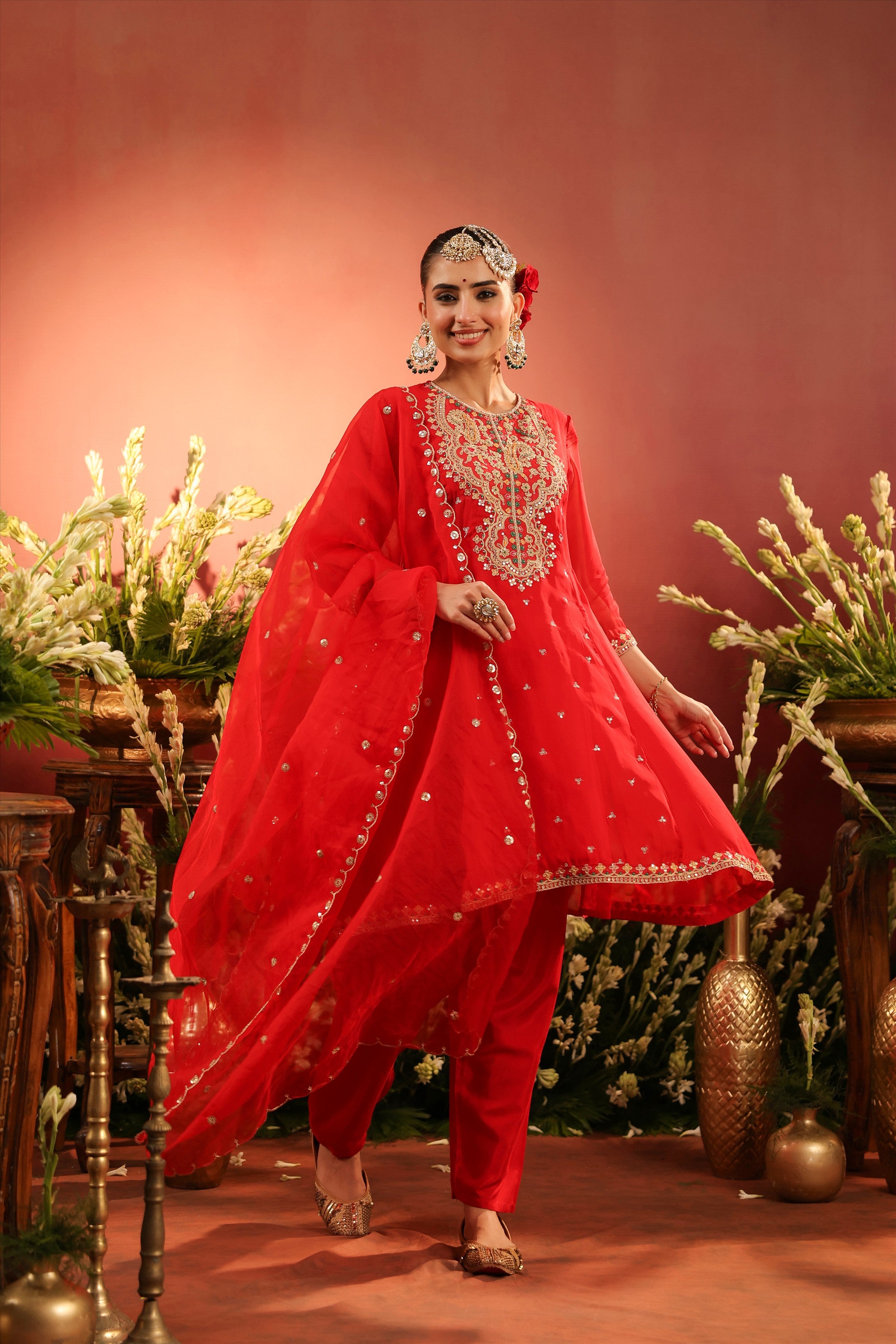 Red Organza Silk Embroidered Anarkali Suit Set