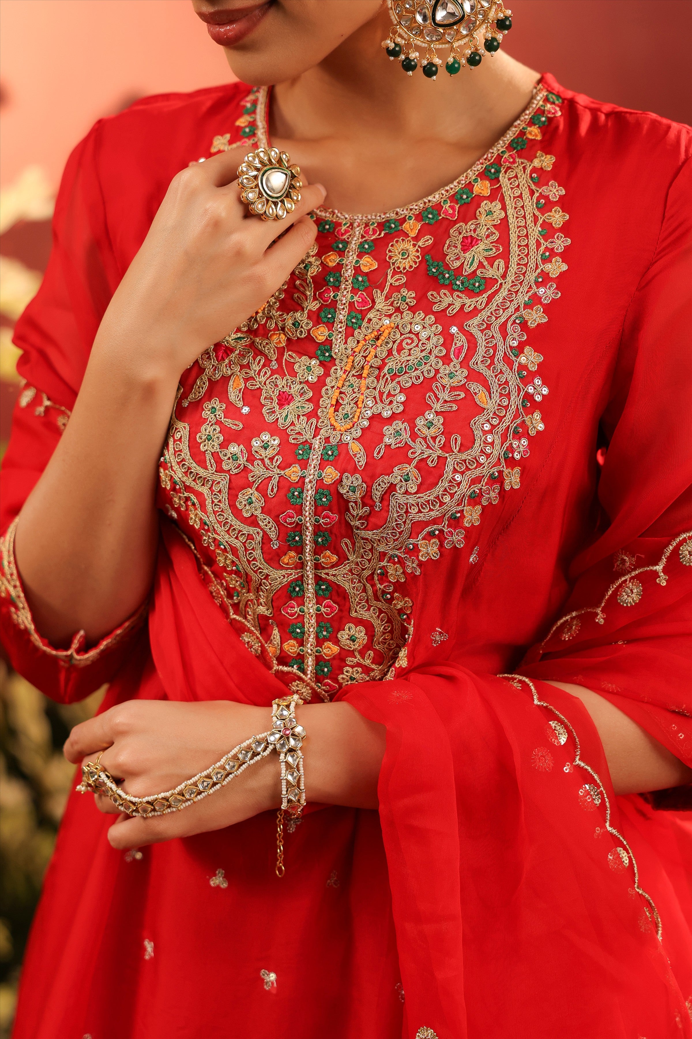 Red Organza Silk Embroidered Anarkali Suit Set