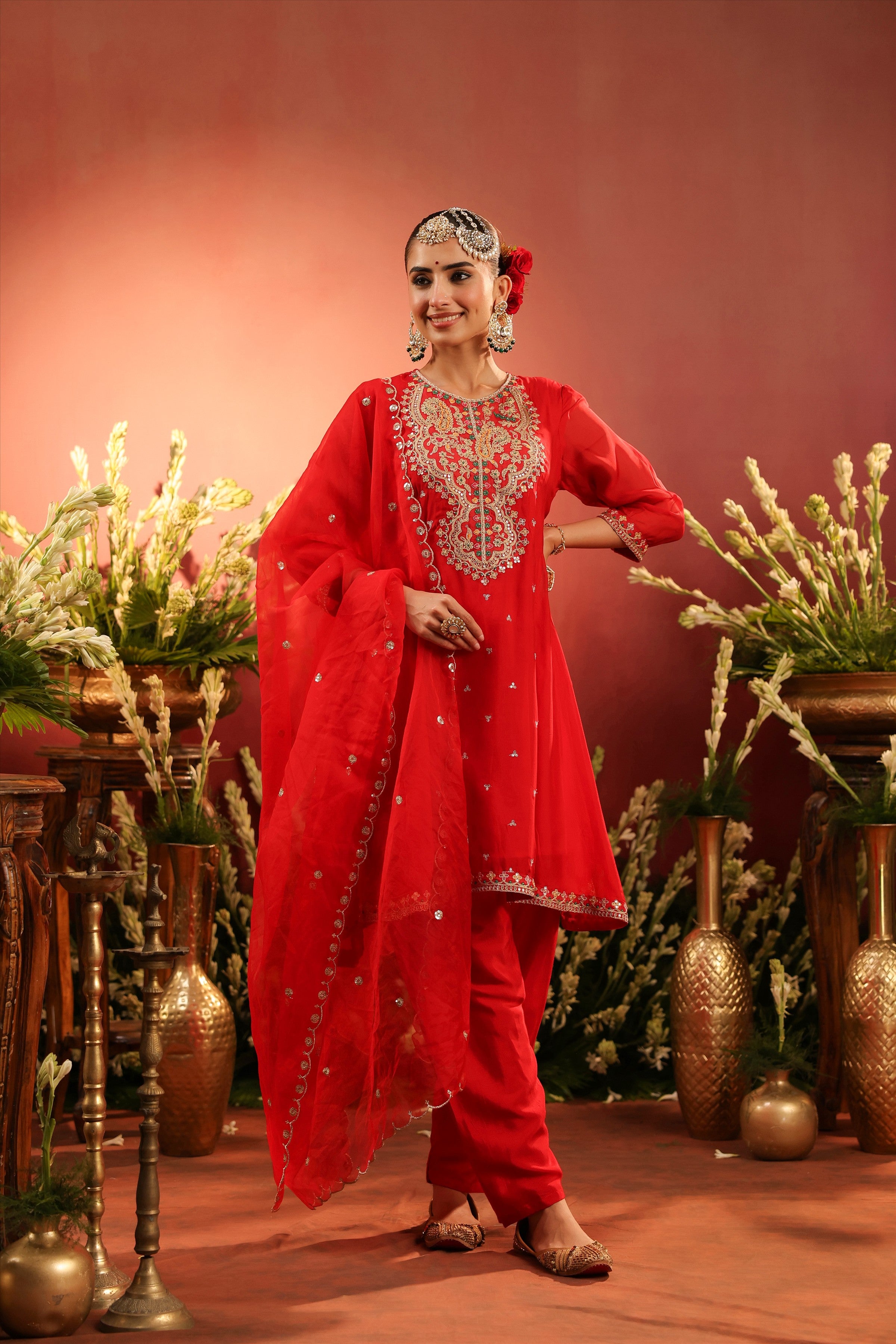Red Organza Silk Embroidered Anarkali Suit Set