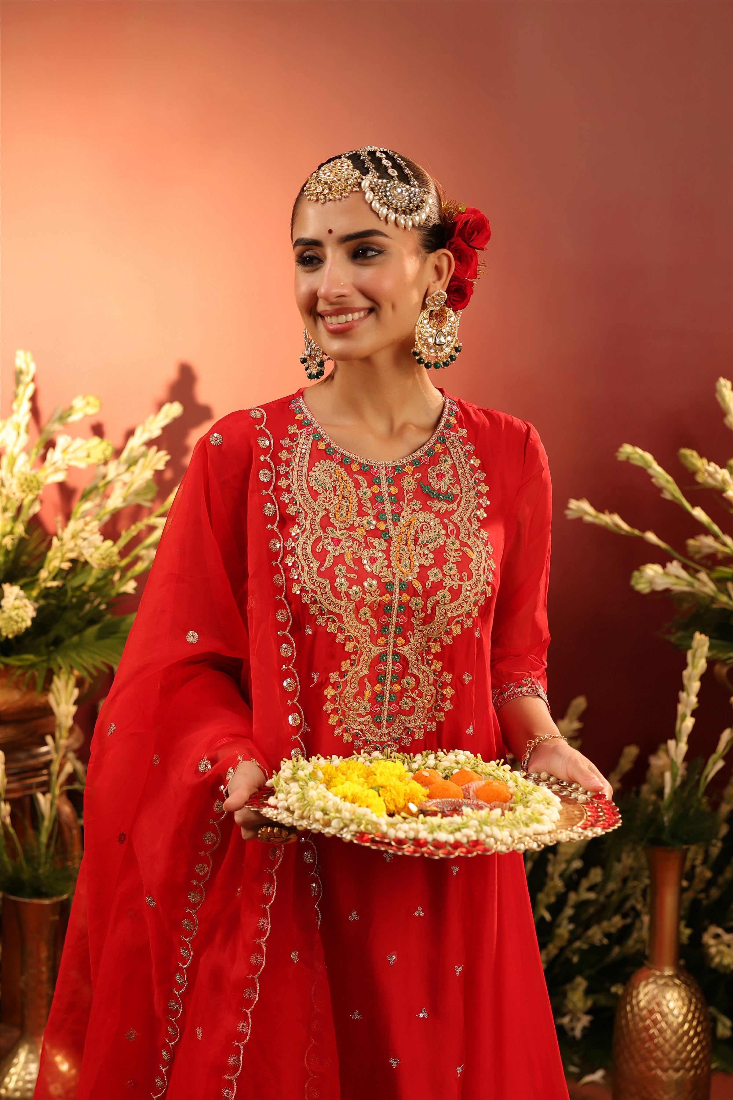 Red Organza Silk Embroidered Anarkali Suit Set