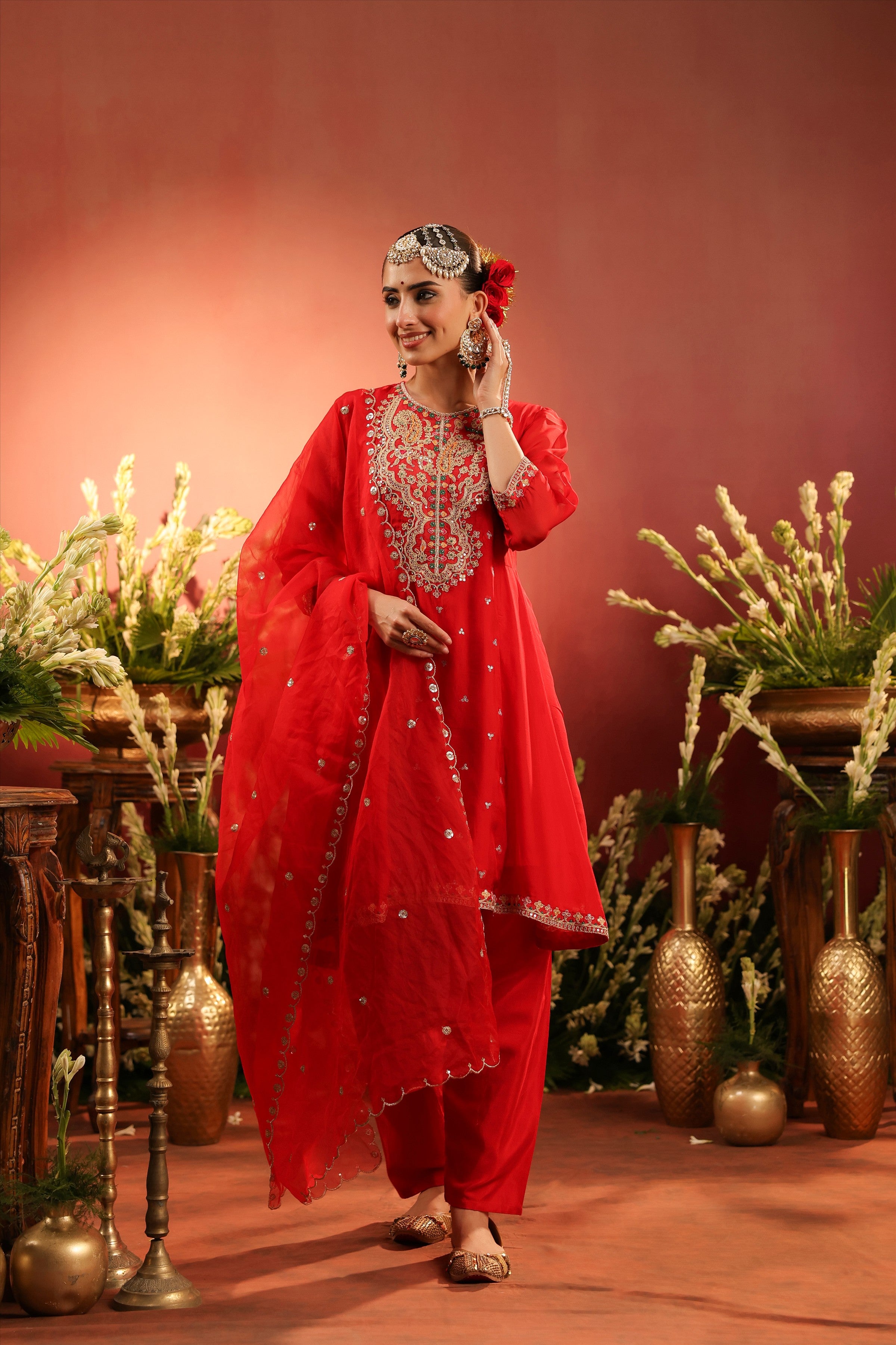Red Organza Silk Embroidered Anarkali Suit Set