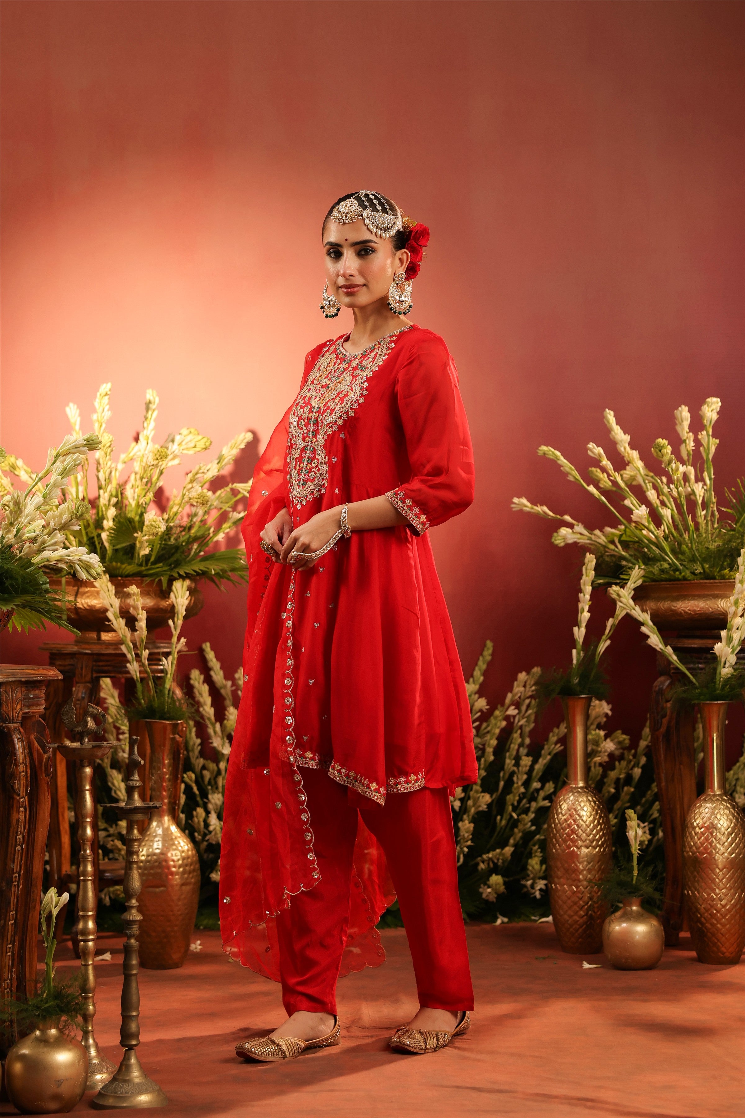 Red Organza Silk Embroidered Anarkali Suit Set
