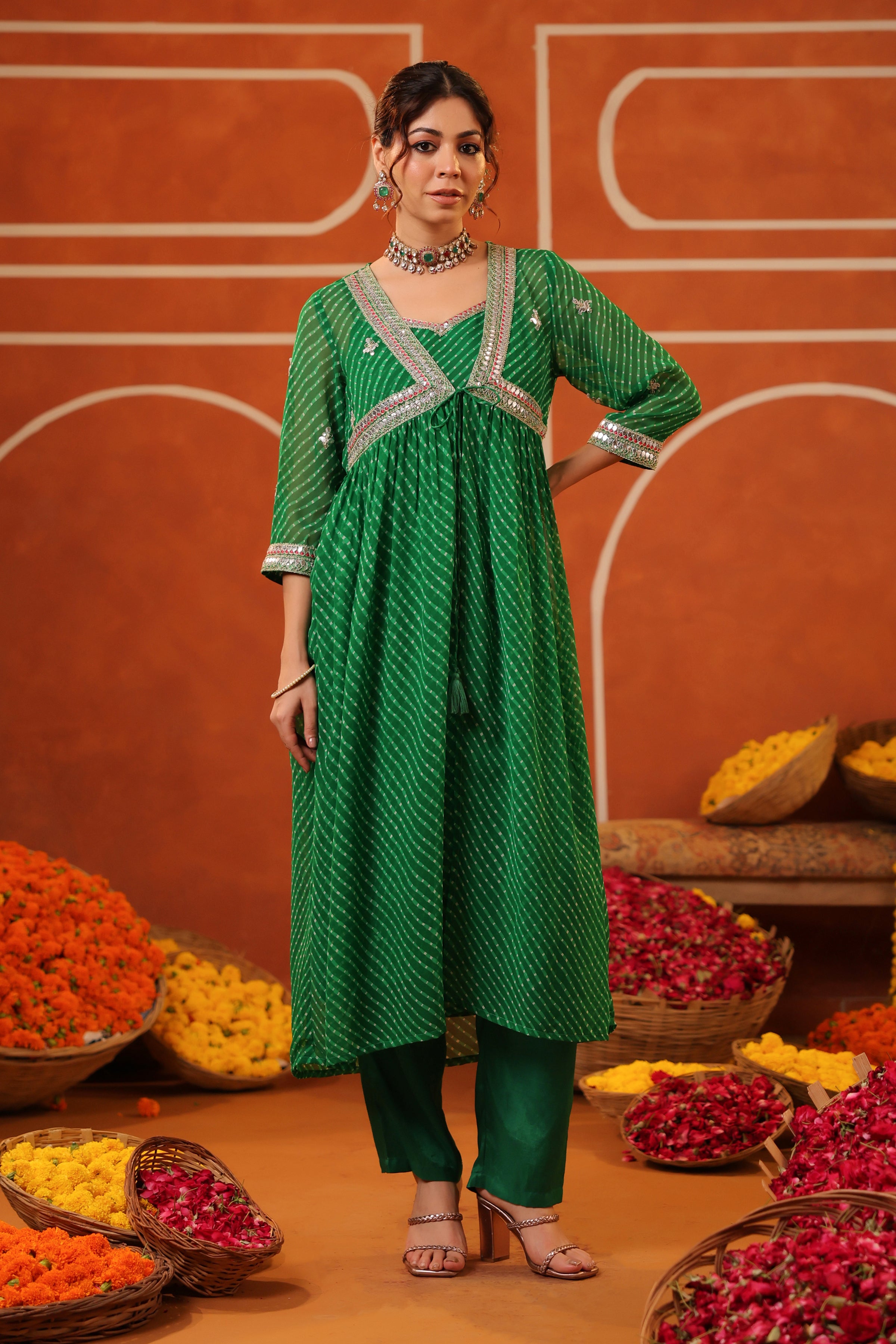 Bottle Green Mothra Georgette Embroidered Shrug Set