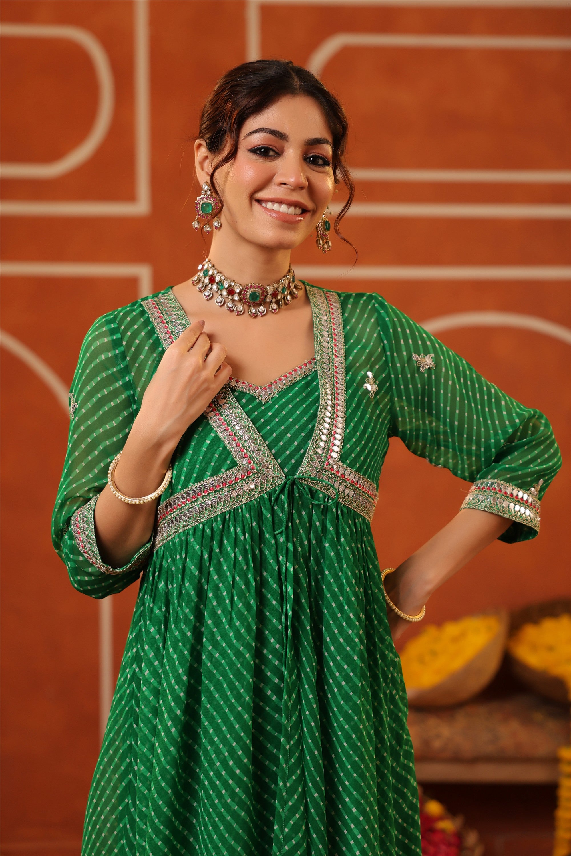 Bottle Green Mothra Georgette Embroidered Shrug Set