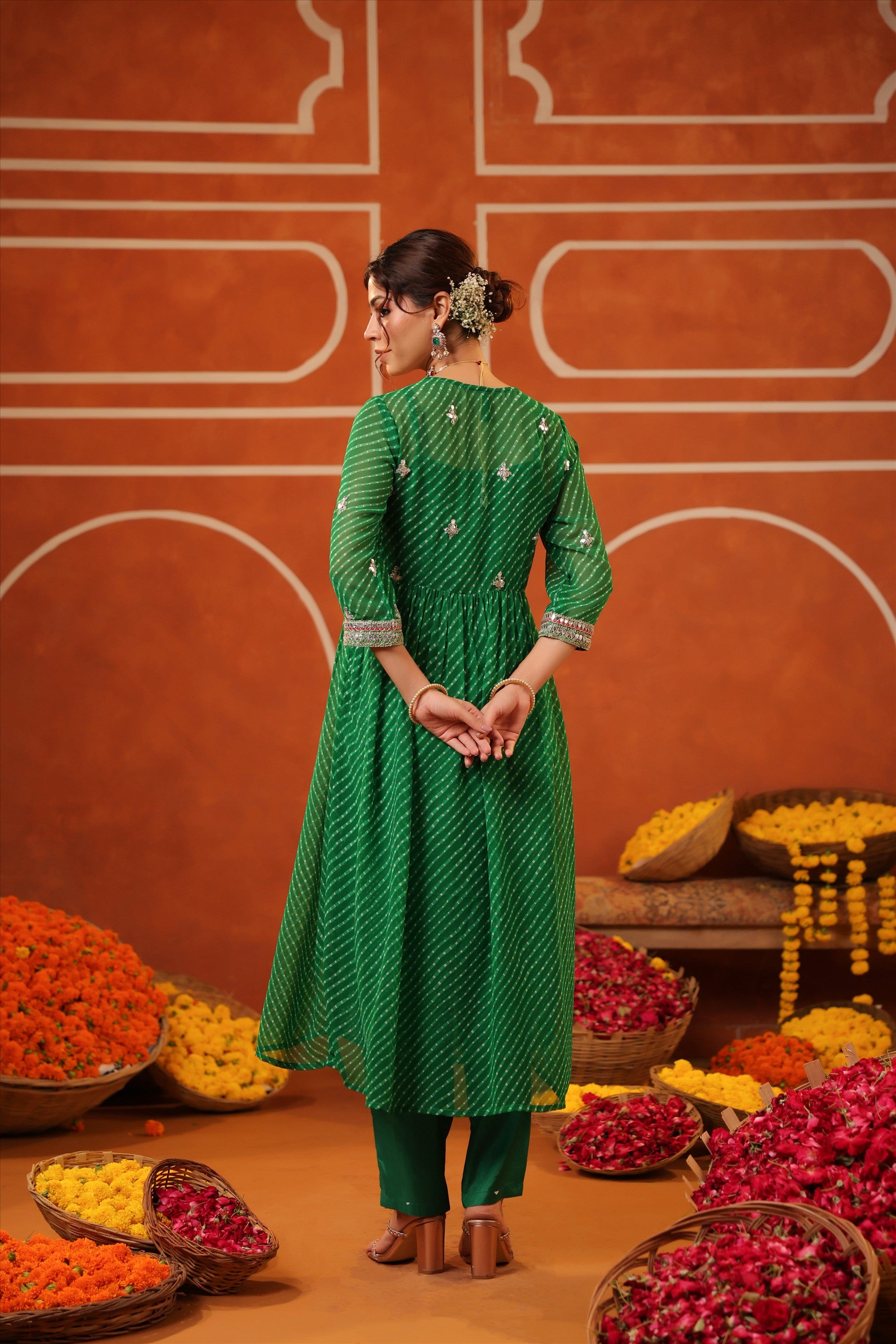 Bottle Green Mothra Georgette Embroidered Shrug Set