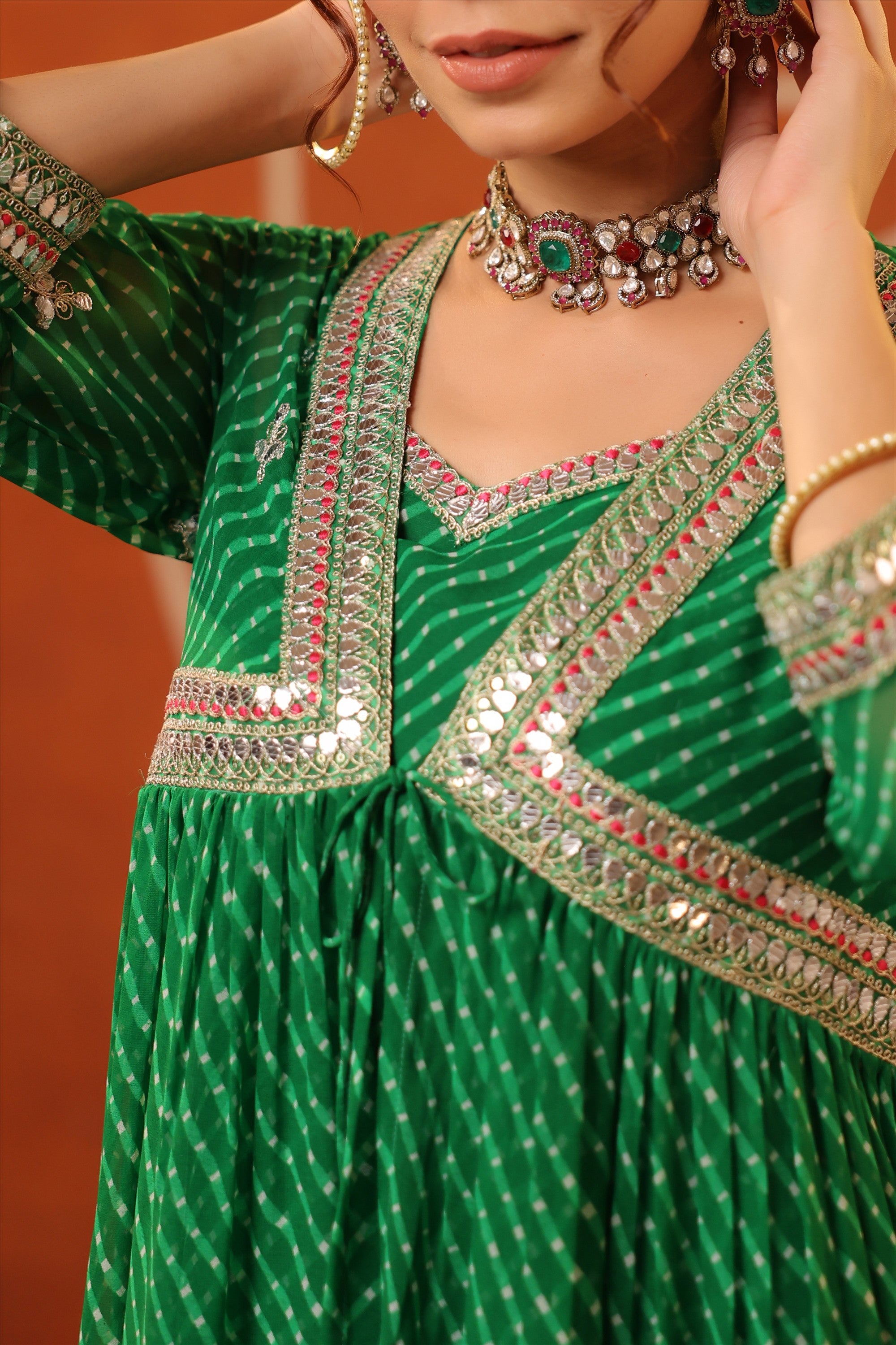 Bottle Green Mothra Georgette Embroidered Shrug Set