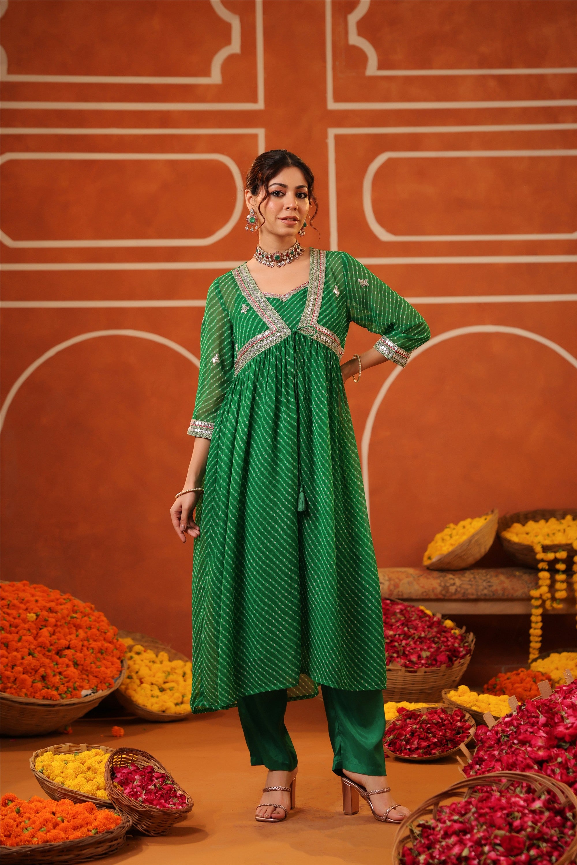 Bottle Green Mothra Georgette Embroidered Shrug Set