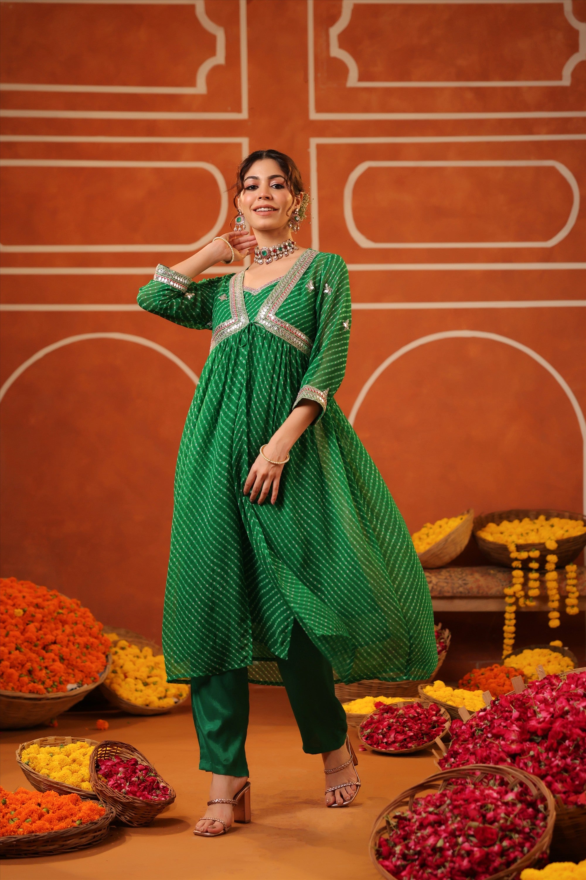 Bottle Green Mothra Georgette Embroidered Shrug Set