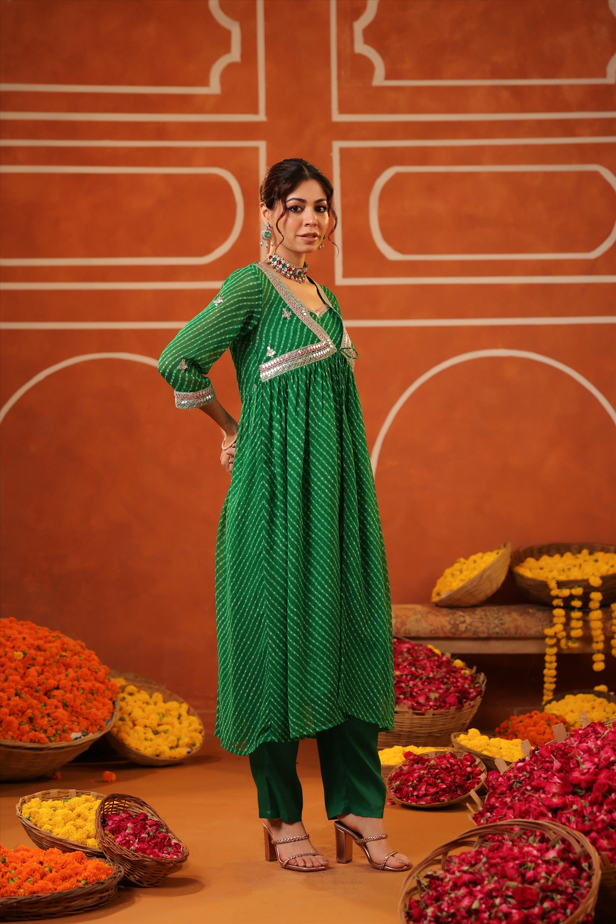 Bottle Green Mothra Georgette Embroidered Shrug Set