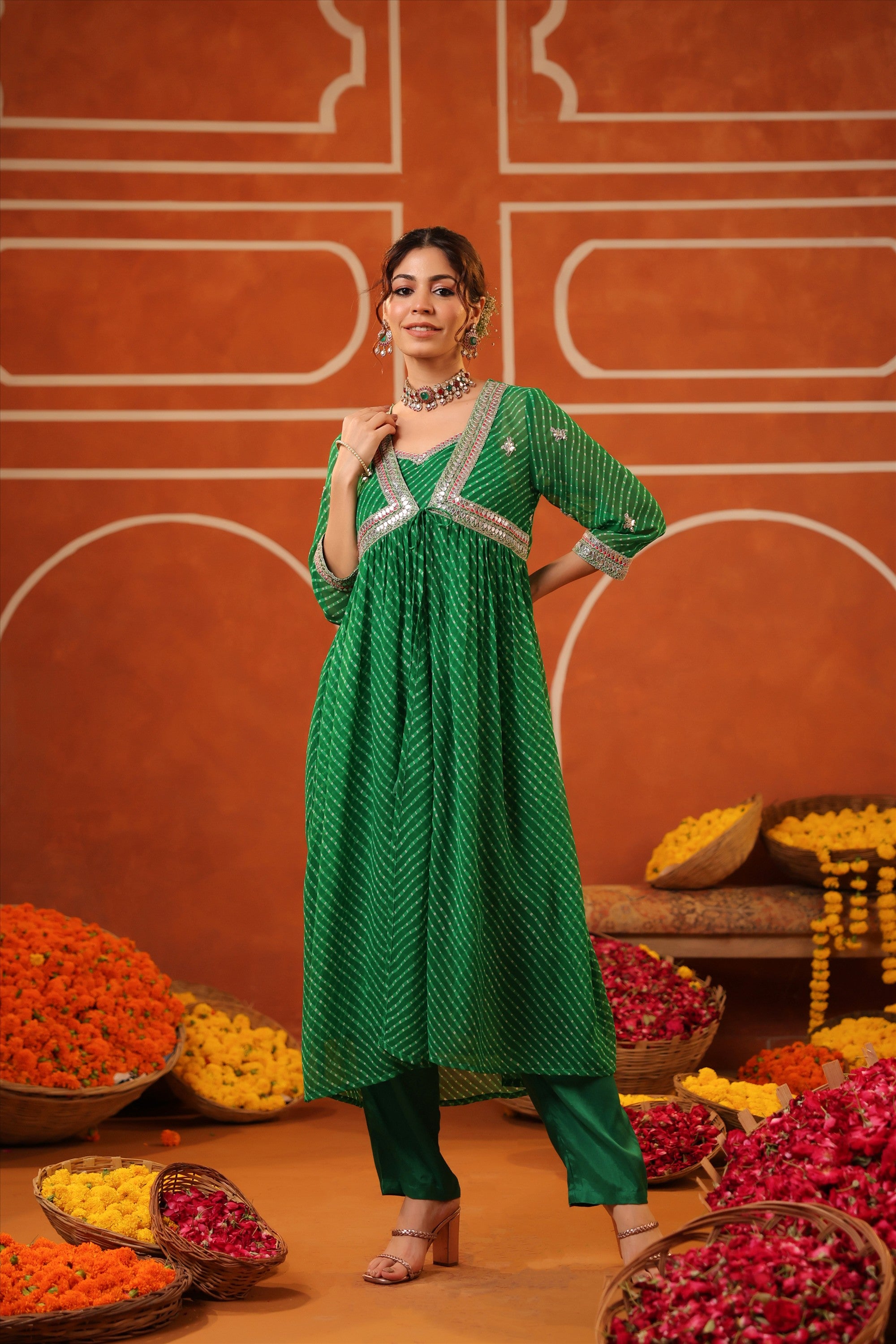 Bottle Green Mothra Georgette Embroidered Shrug Set