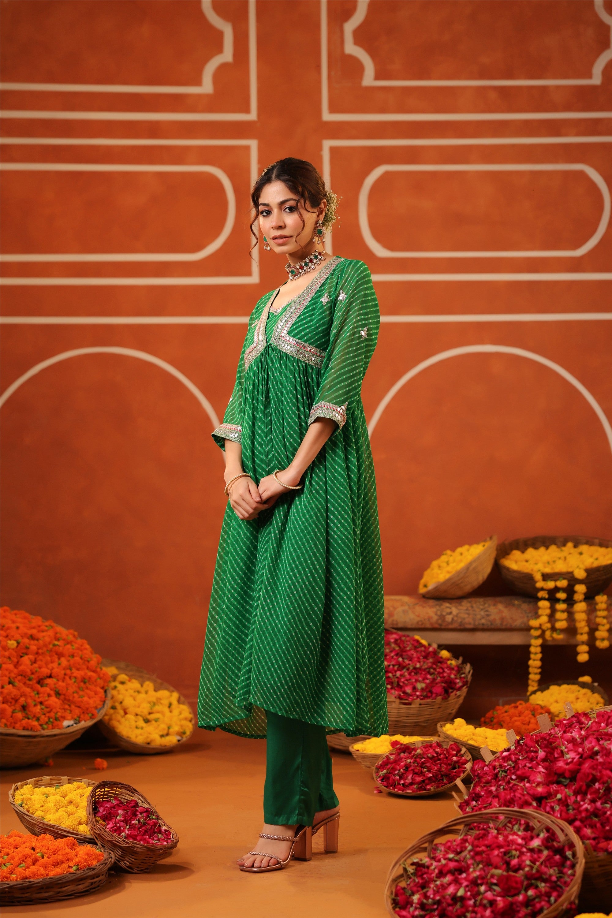 Bottle Green Mothra Georgette Embroidered Shrug Set