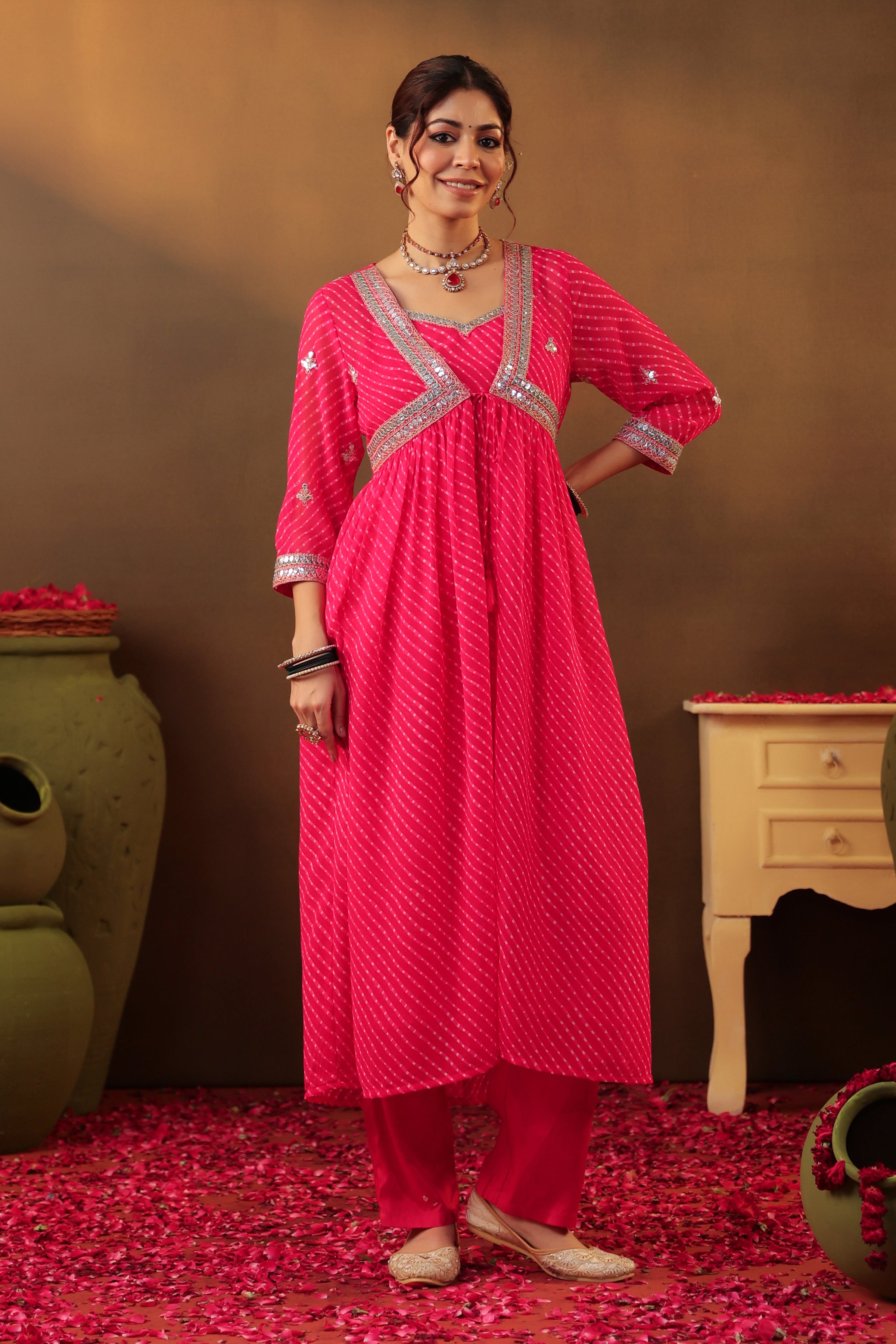 Fuchsia Mothra Georgette Embroidered Shrug Set