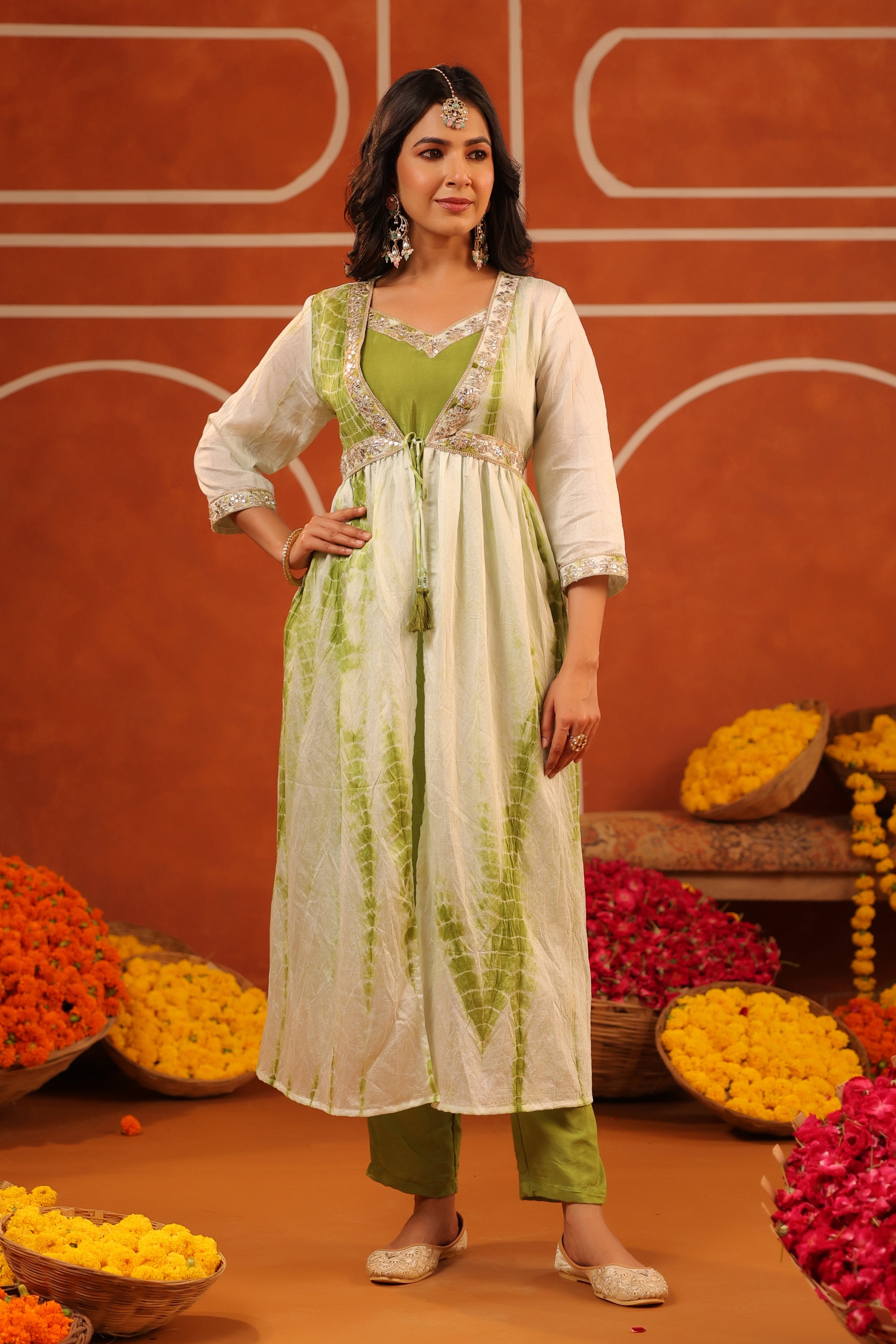Green Shibori Chanderi Silk Embroidered Shrug Set
