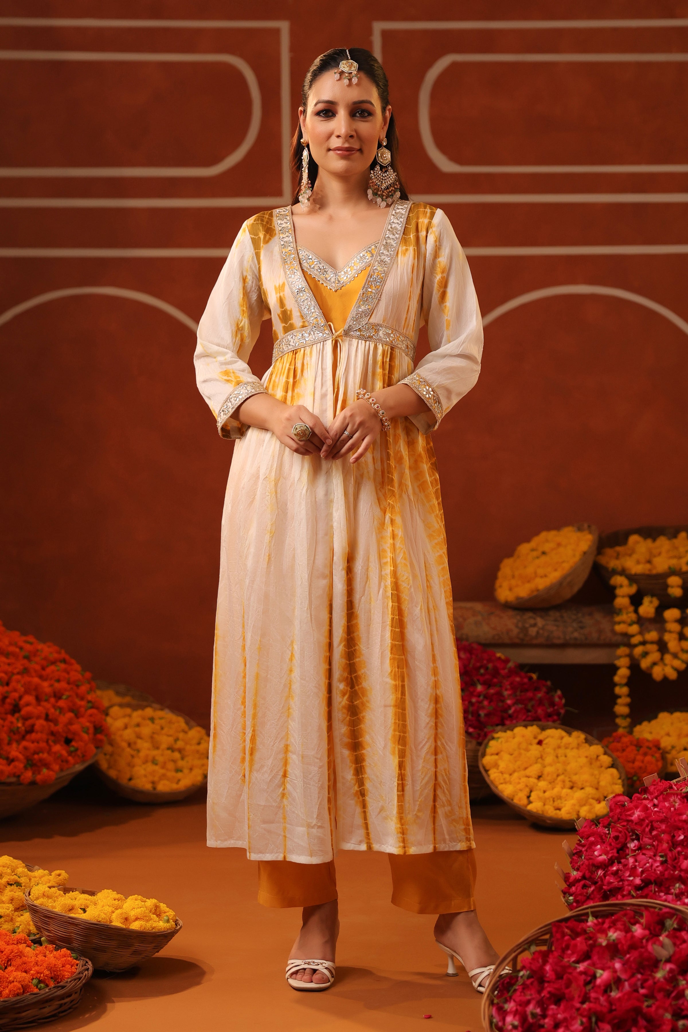 Mustard Shibori Chanderi Silk Embroidered Shrug Set
