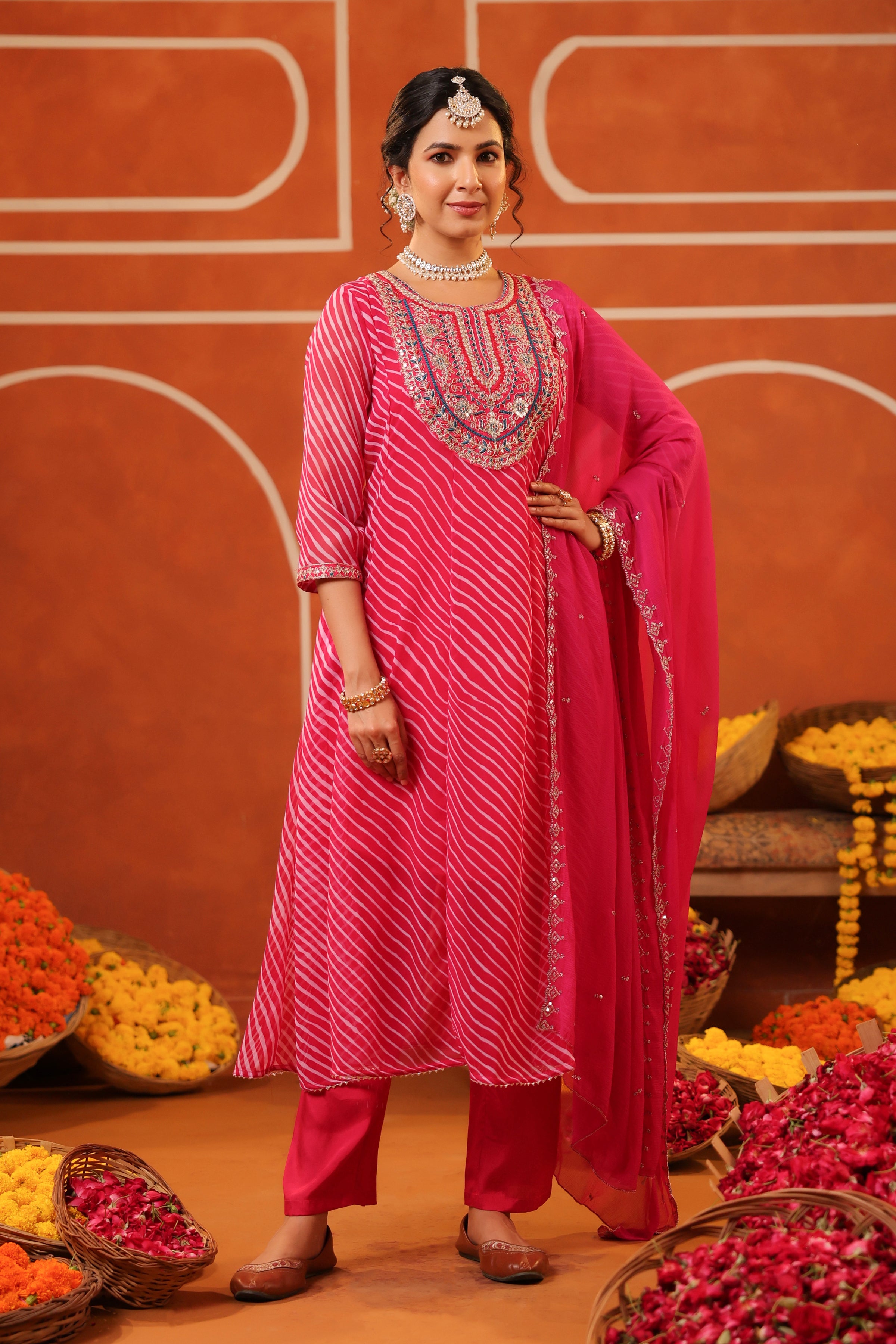 Fuchsia Leheriya Embroidered Georgette Anarkali Suit Set