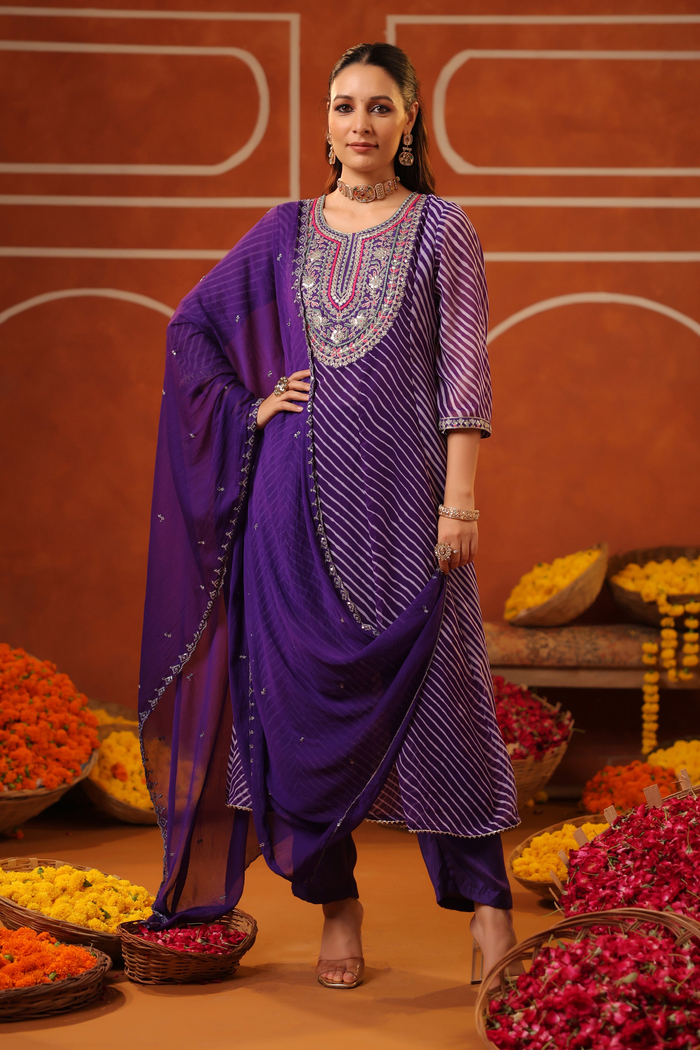 Purple Leheriya Embroidered Georgette Anarkali Suit Set