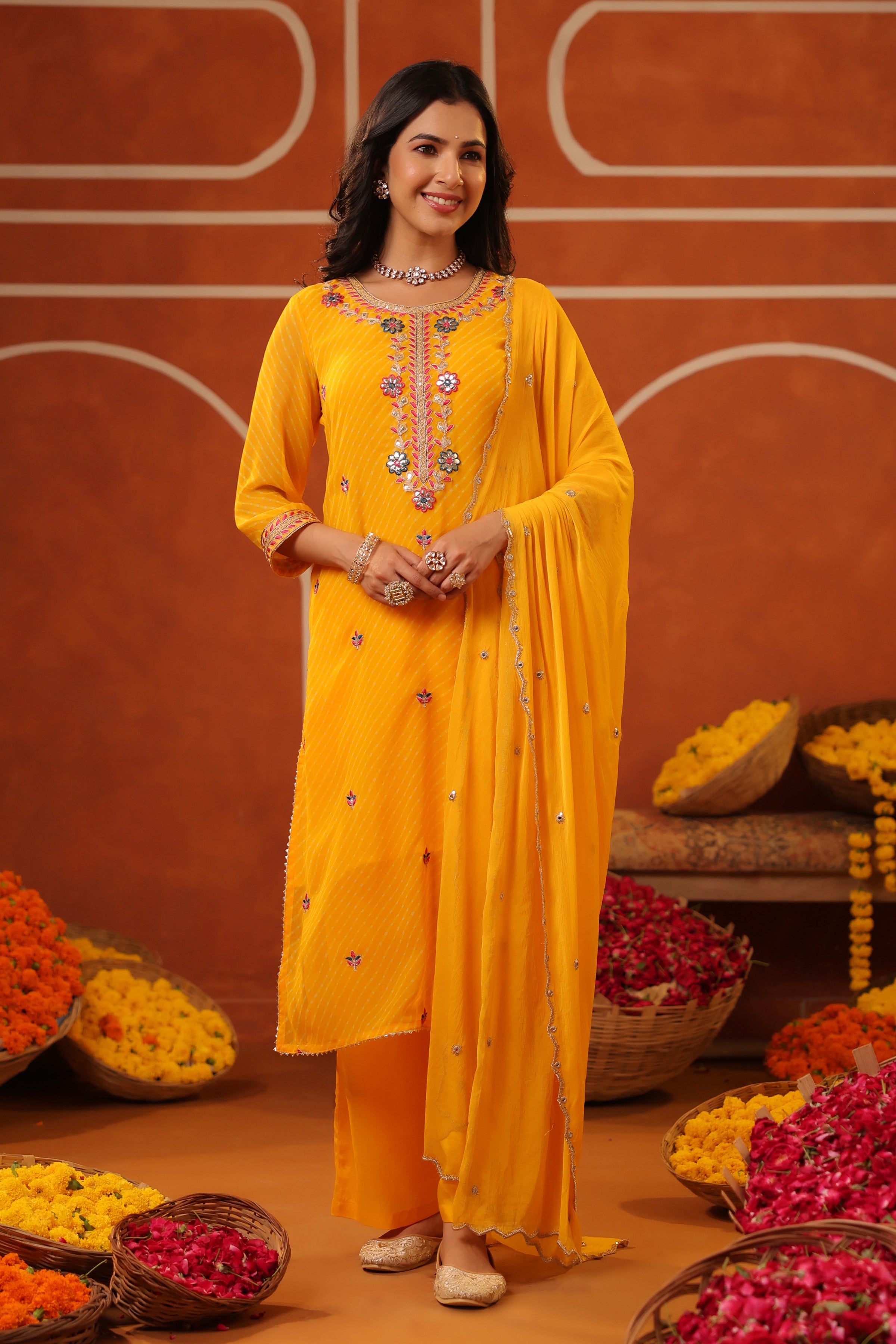 Mustard Mothra Georgette Embroidered Straight Suit Set