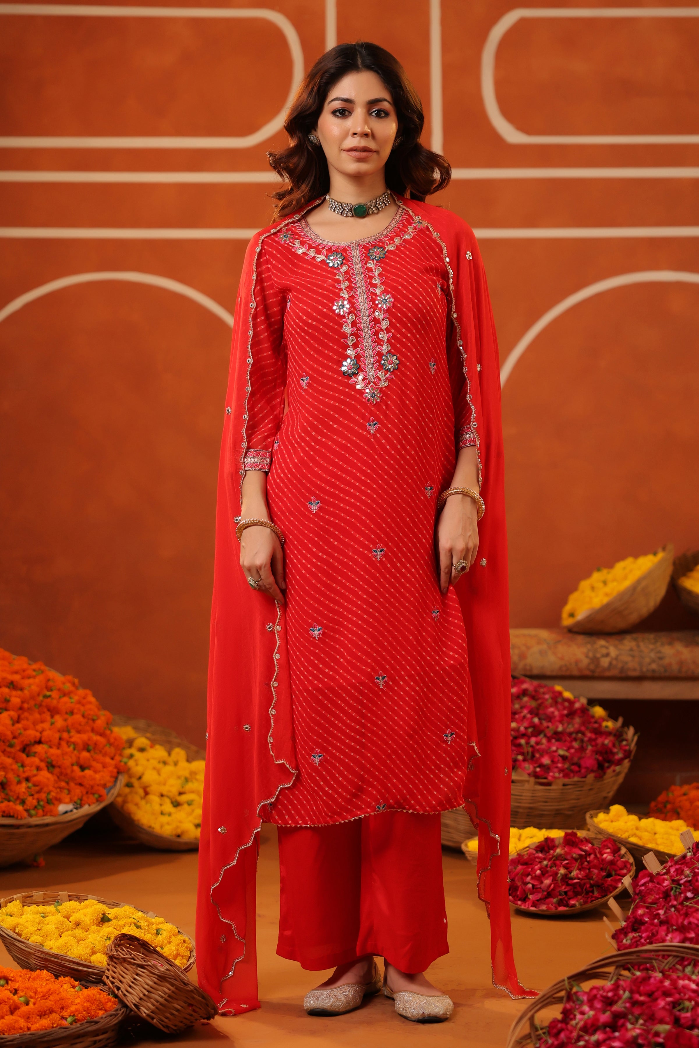 Red Mothra Georgette Embroidered Straight Suit Set