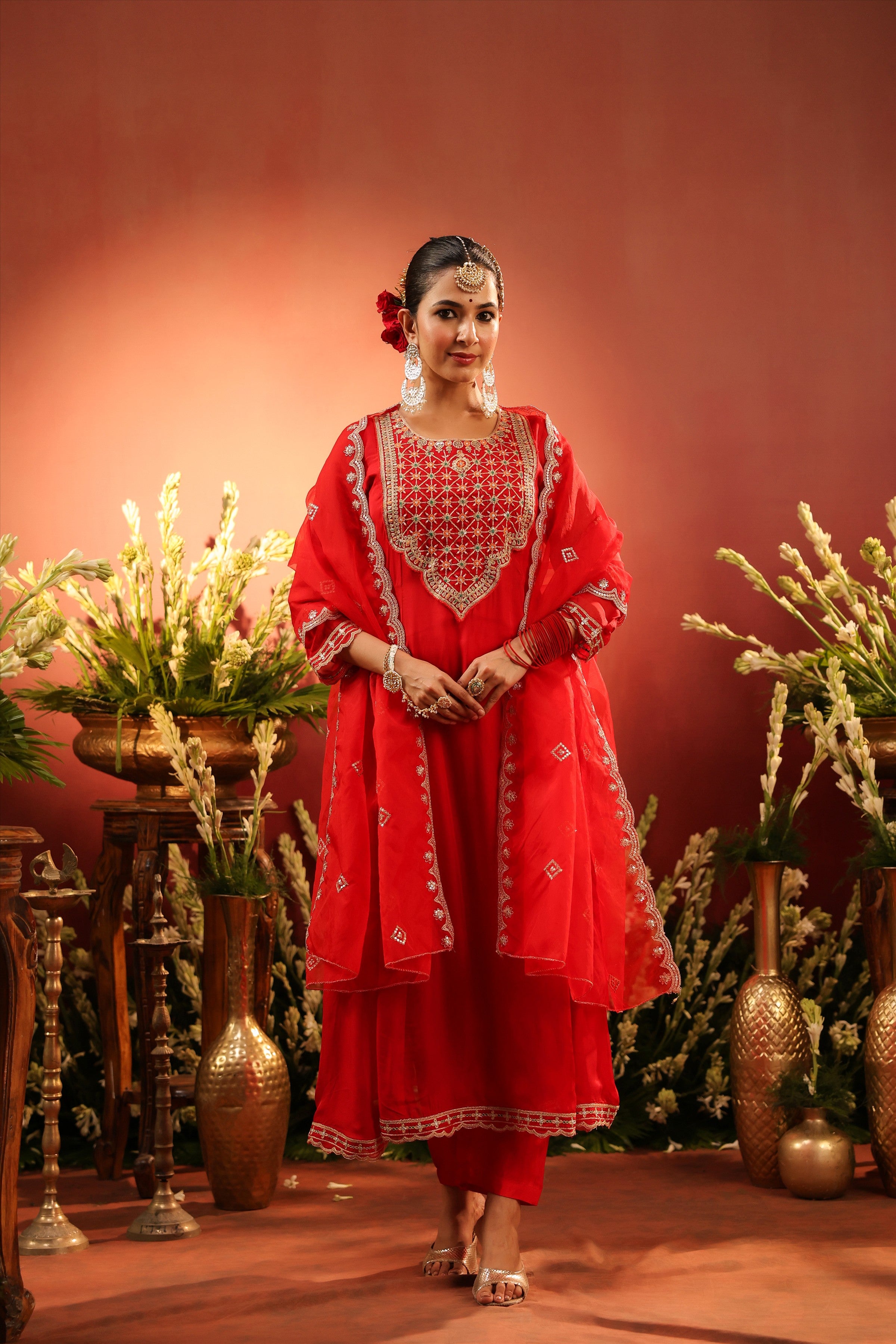 Red Organza Silk Zari Embroidered Anarkali Suit Set