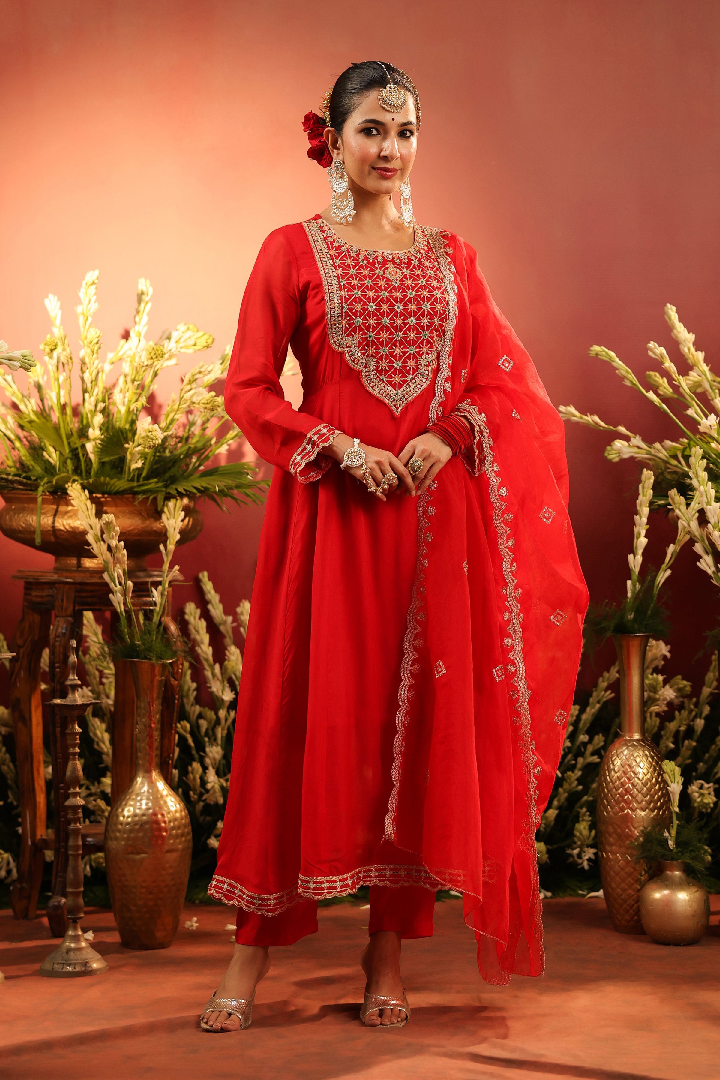 Red Organza Silk Zari Embroidered Anarkali Suit Set