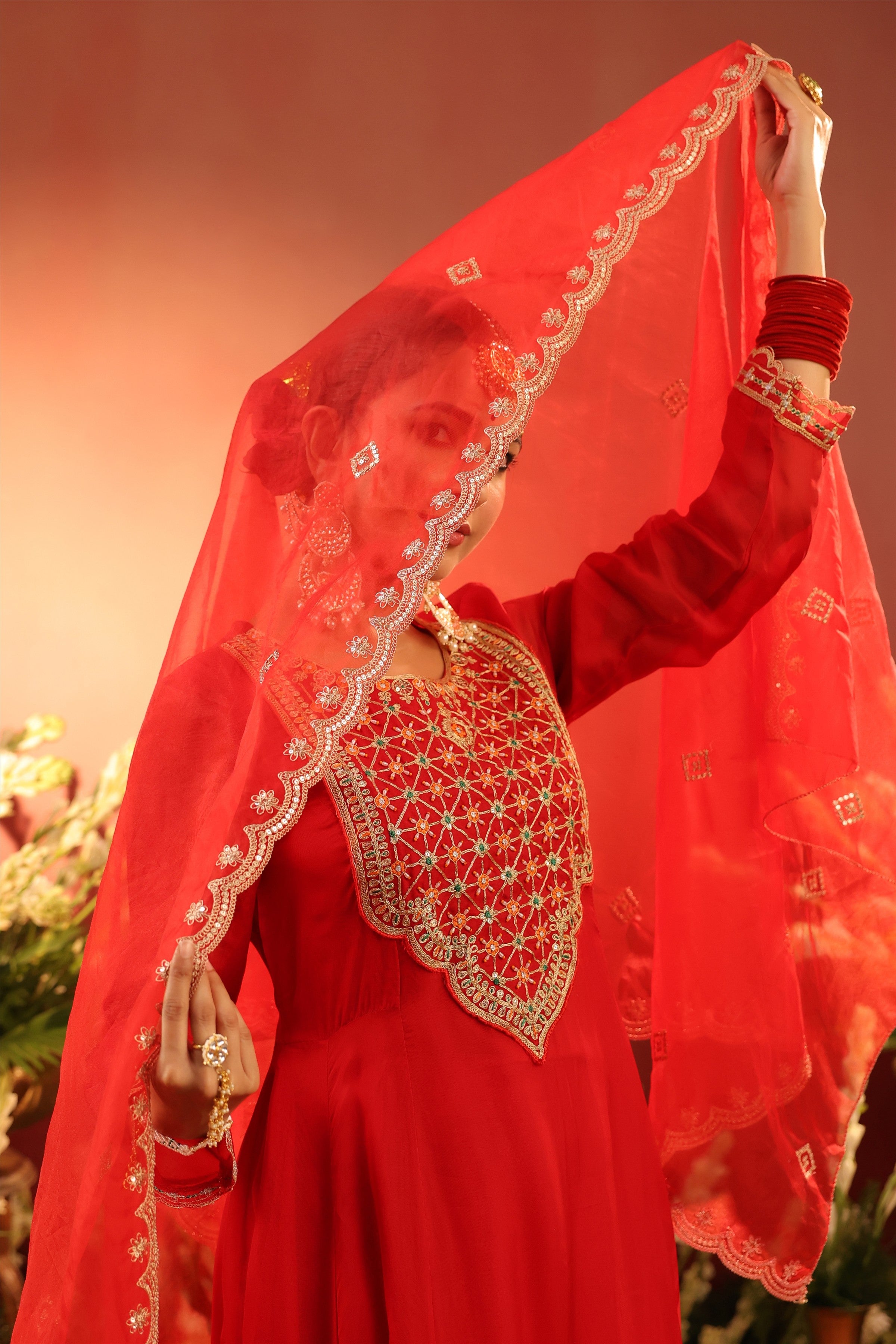 Red Organza Silk Zari Embroidered Anarkali Suit Set