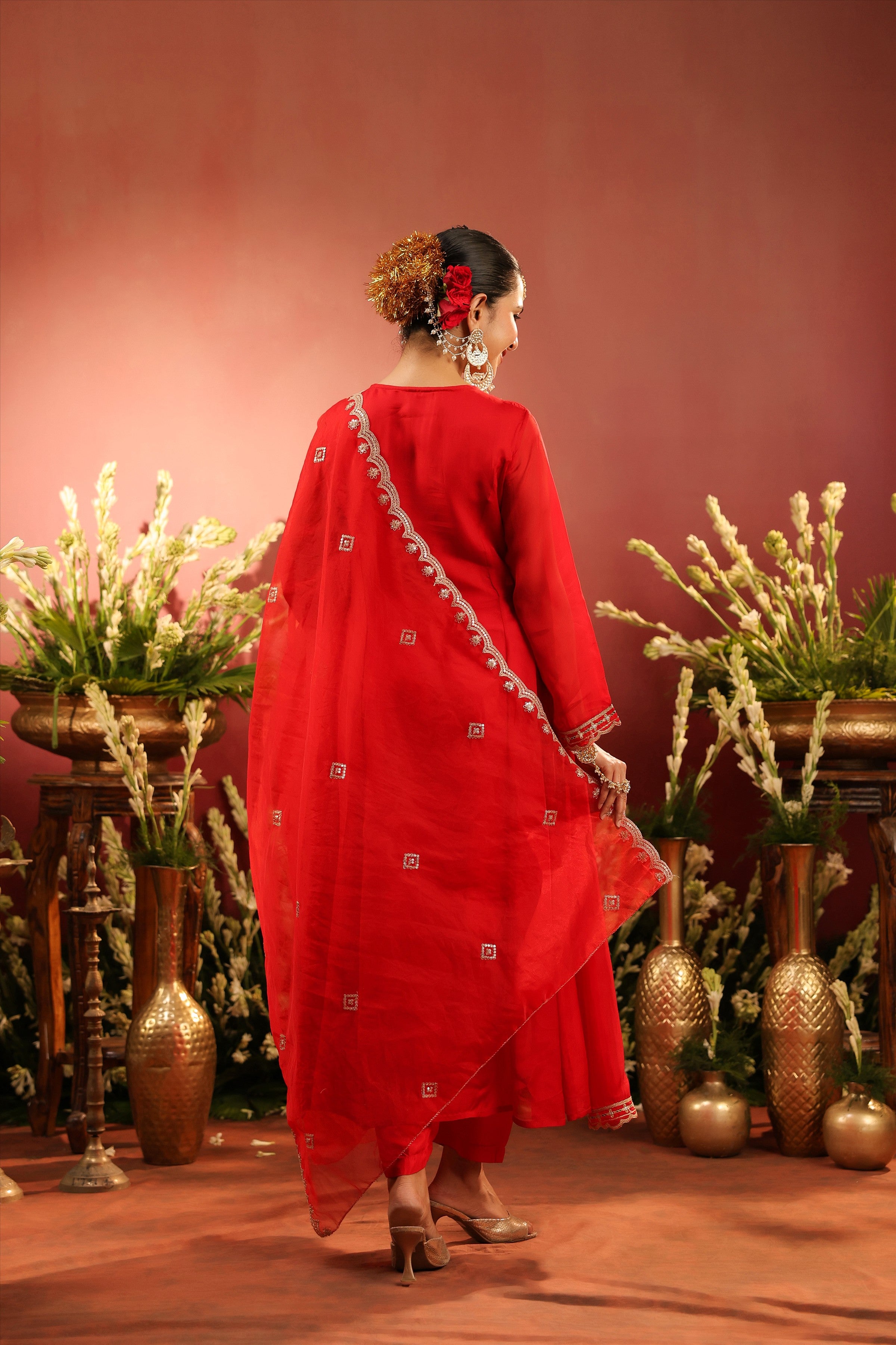 Red Organza Silk Zari Embroidered Anarkali Suit Set