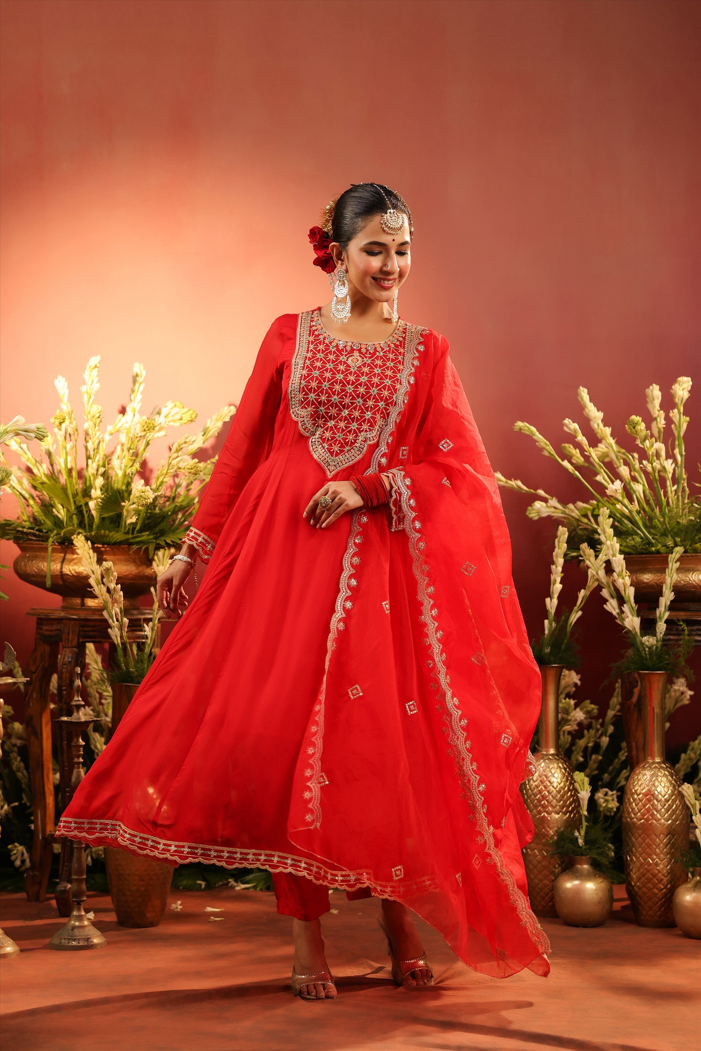 Red Organza Silk Zari Embroidered Anarkali Suit Set