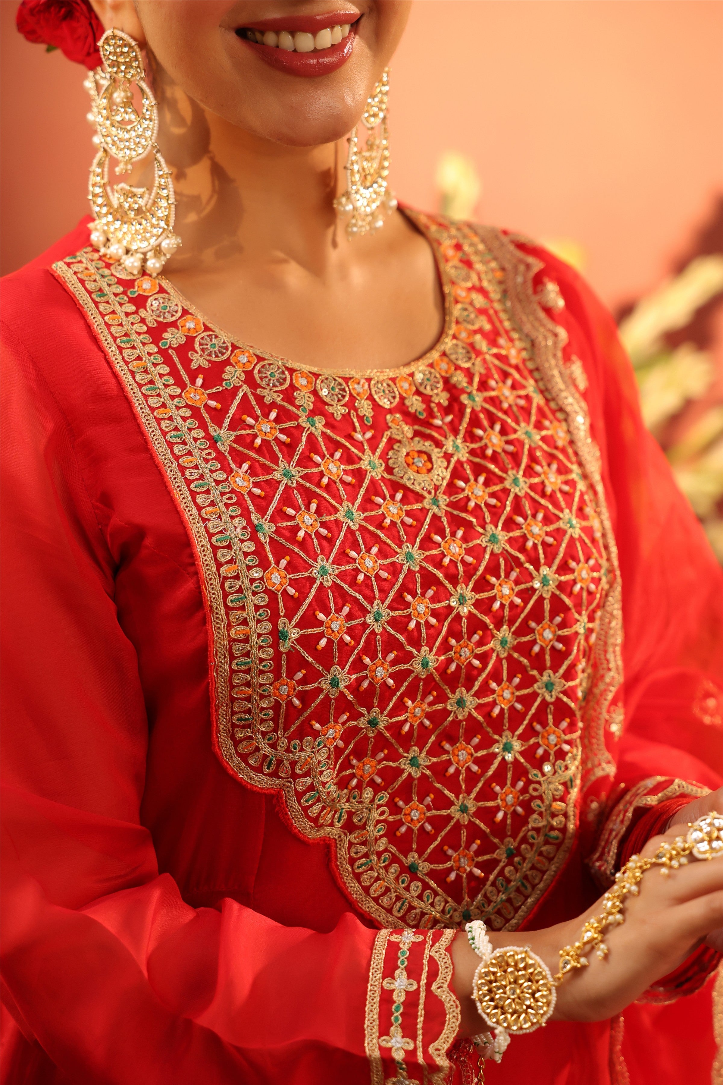 Red Organza Silk Zari Embroidered Anarkali Suit Set