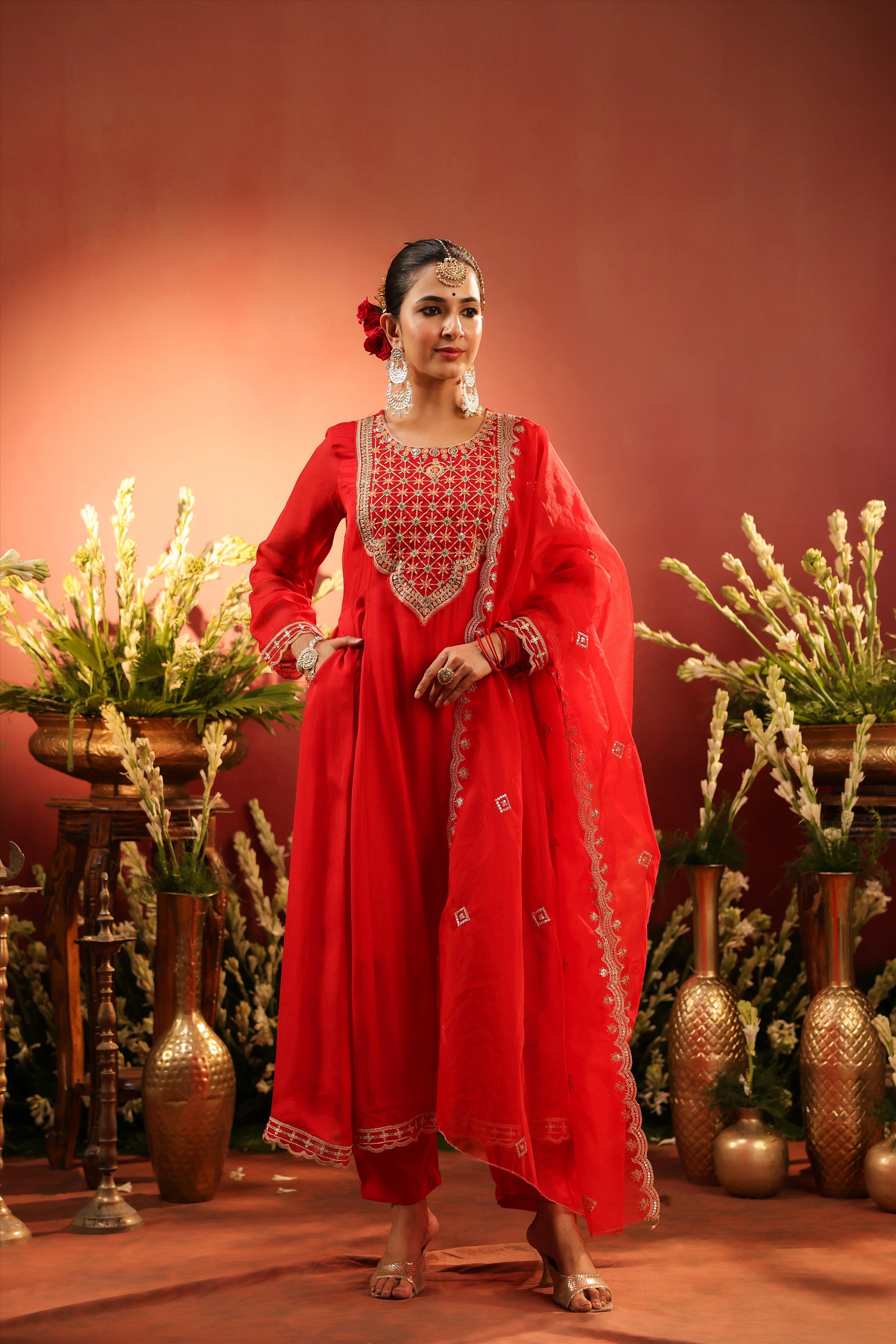 Red Organza Silk Zari Embroidered Anarkali Suit Set