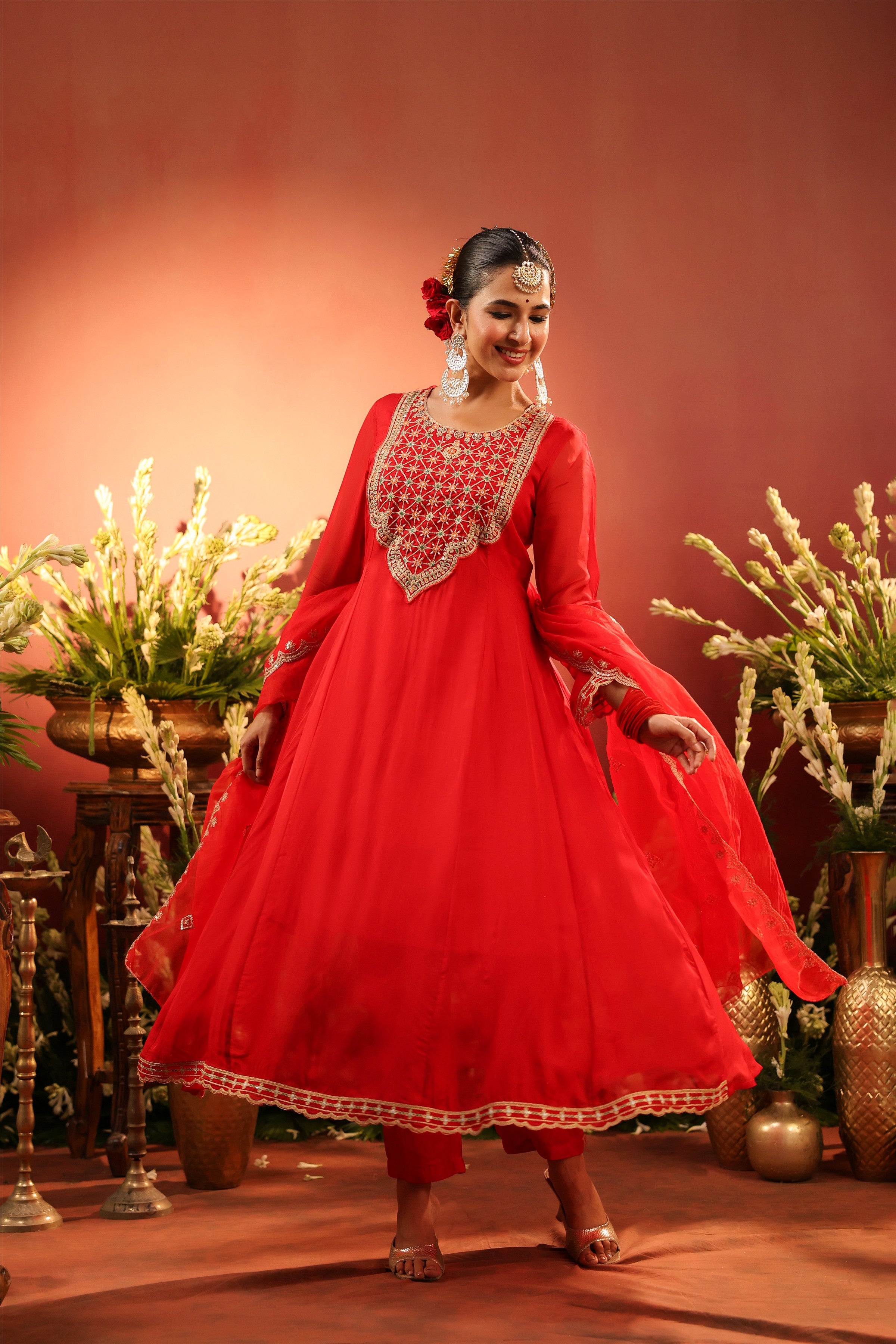 Red Organza Silk Zari Embroidered Anarkali Suit Set