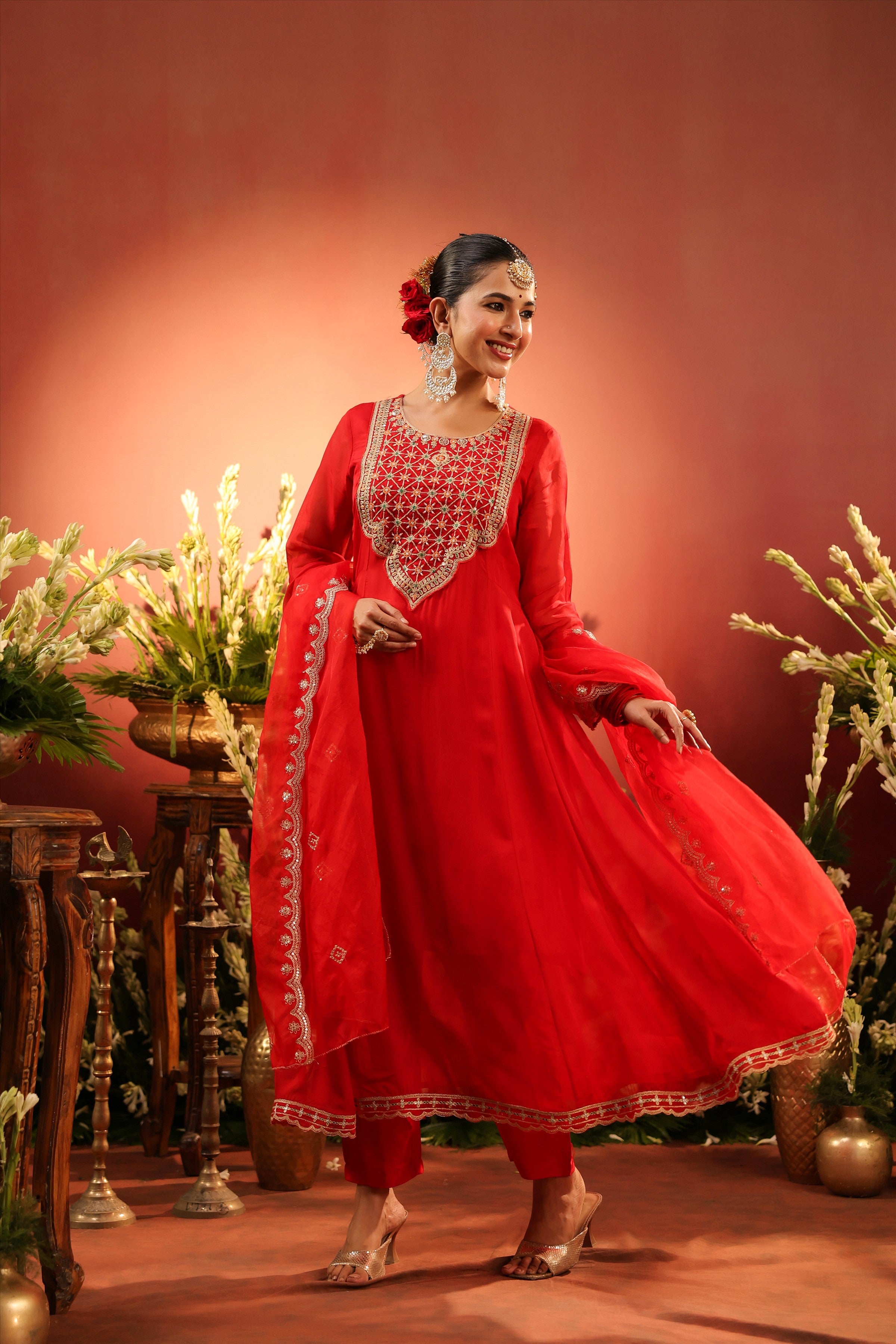Red Organza Silk Zari Embroidered Anarkali Suit Set