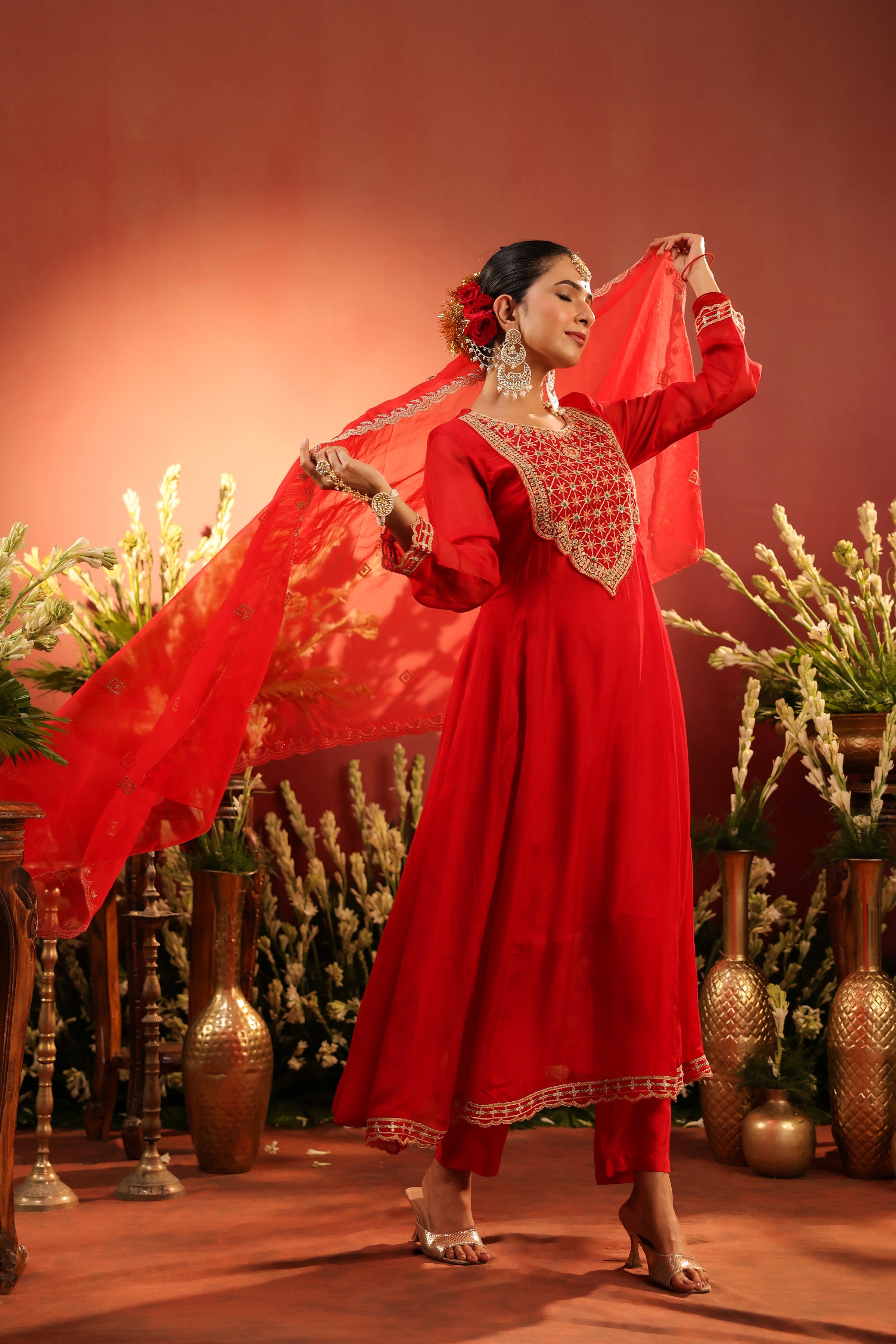 Red Organza Silk Zari Embroidered Anarkali Suit Set