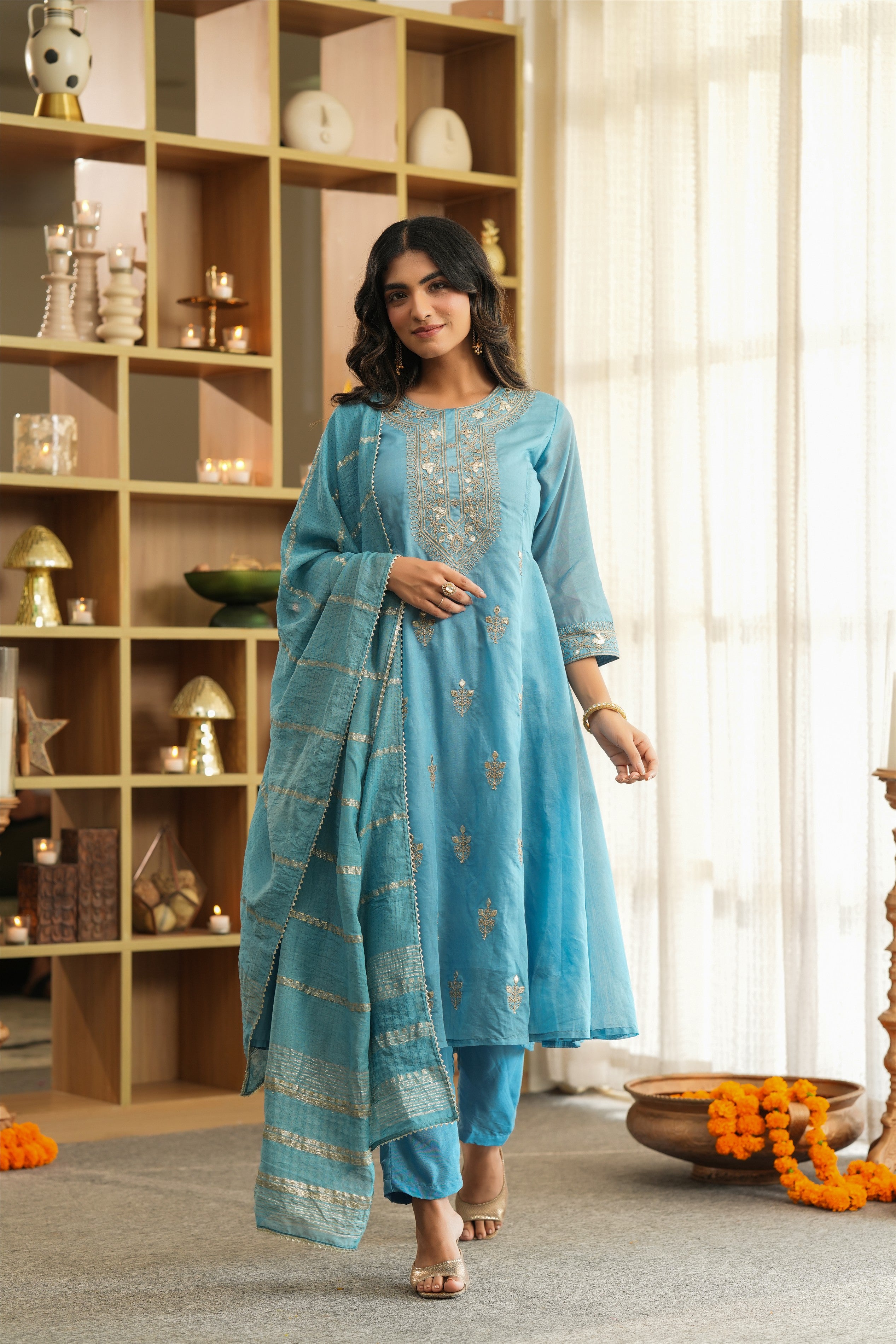 Blue Mul Chanderi Dori Embroidered Anarkali Suit Set