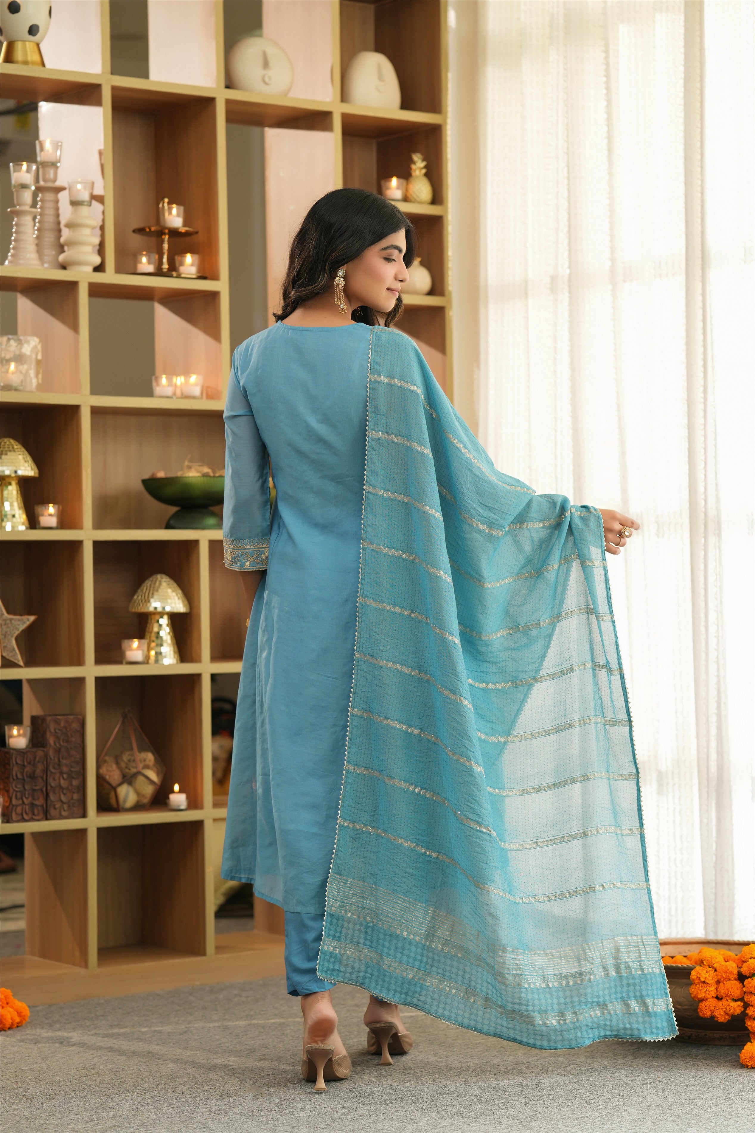 Blue Mul Chanderi Dori Embroidered Anarkali Suit Set