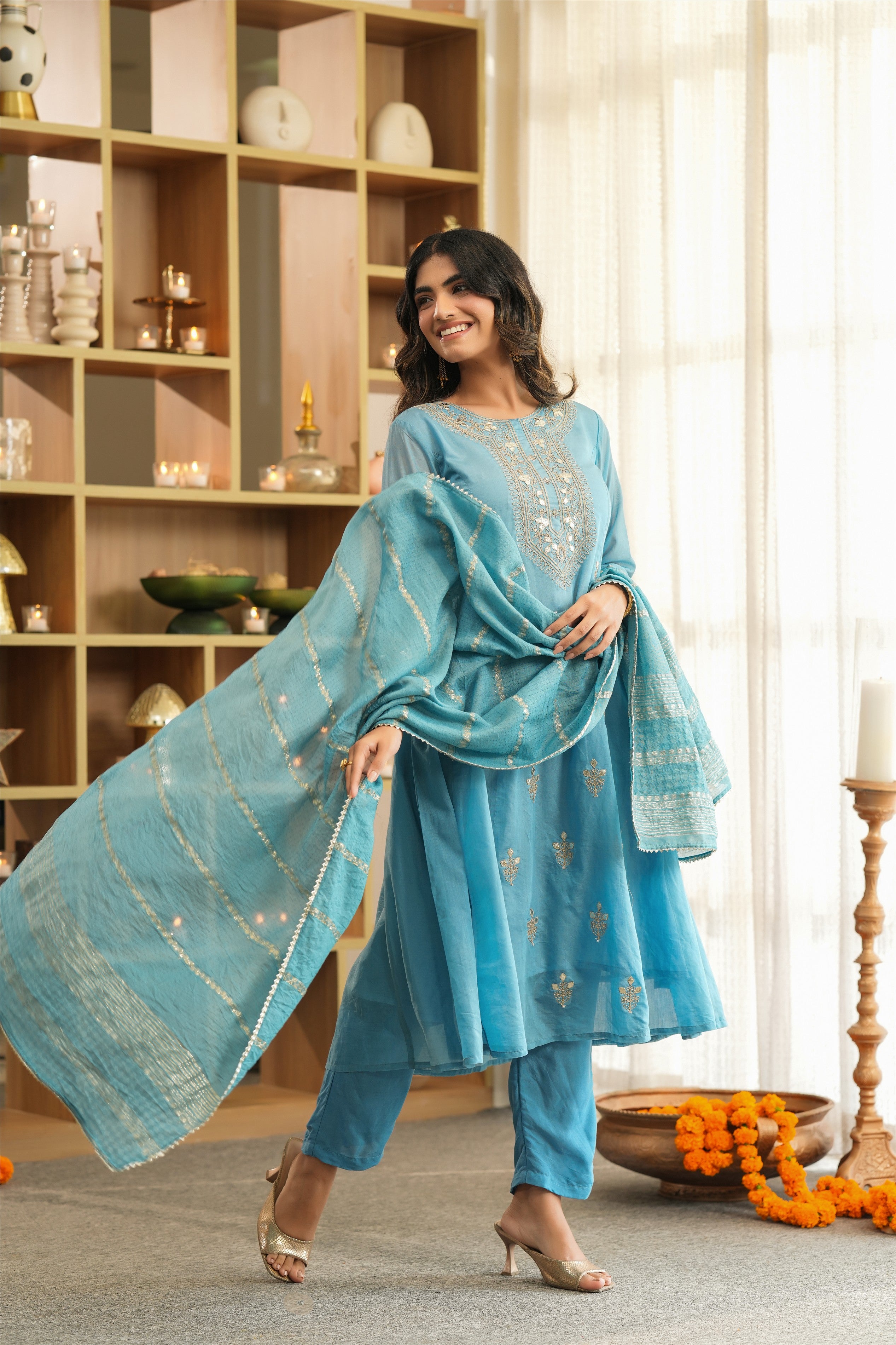 Blue Mul Chanderi Dori Embroidered Anarkali Suit Set