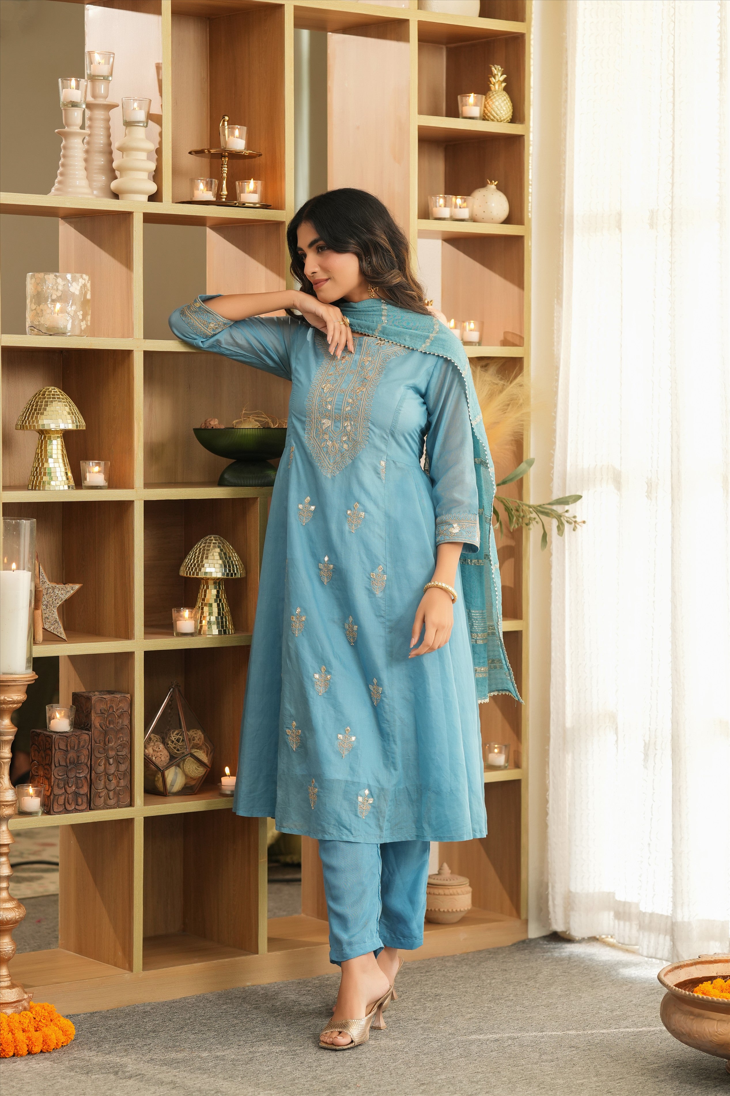Blue Mul Chanderi Dori Embroidered Anarkali Suit Set