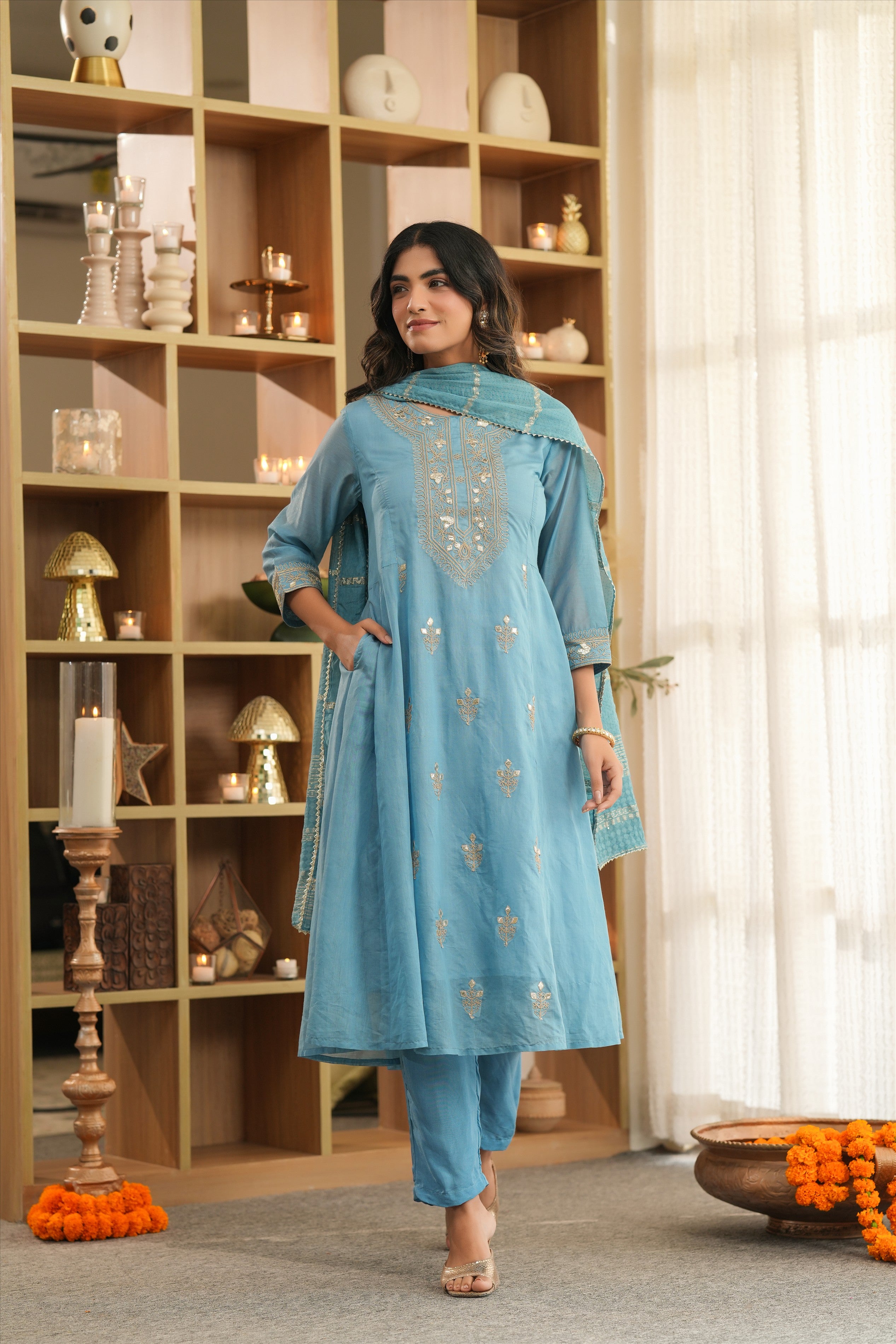 Blue Mul Chanderi Dori Embroidered Anarkali Suit Set