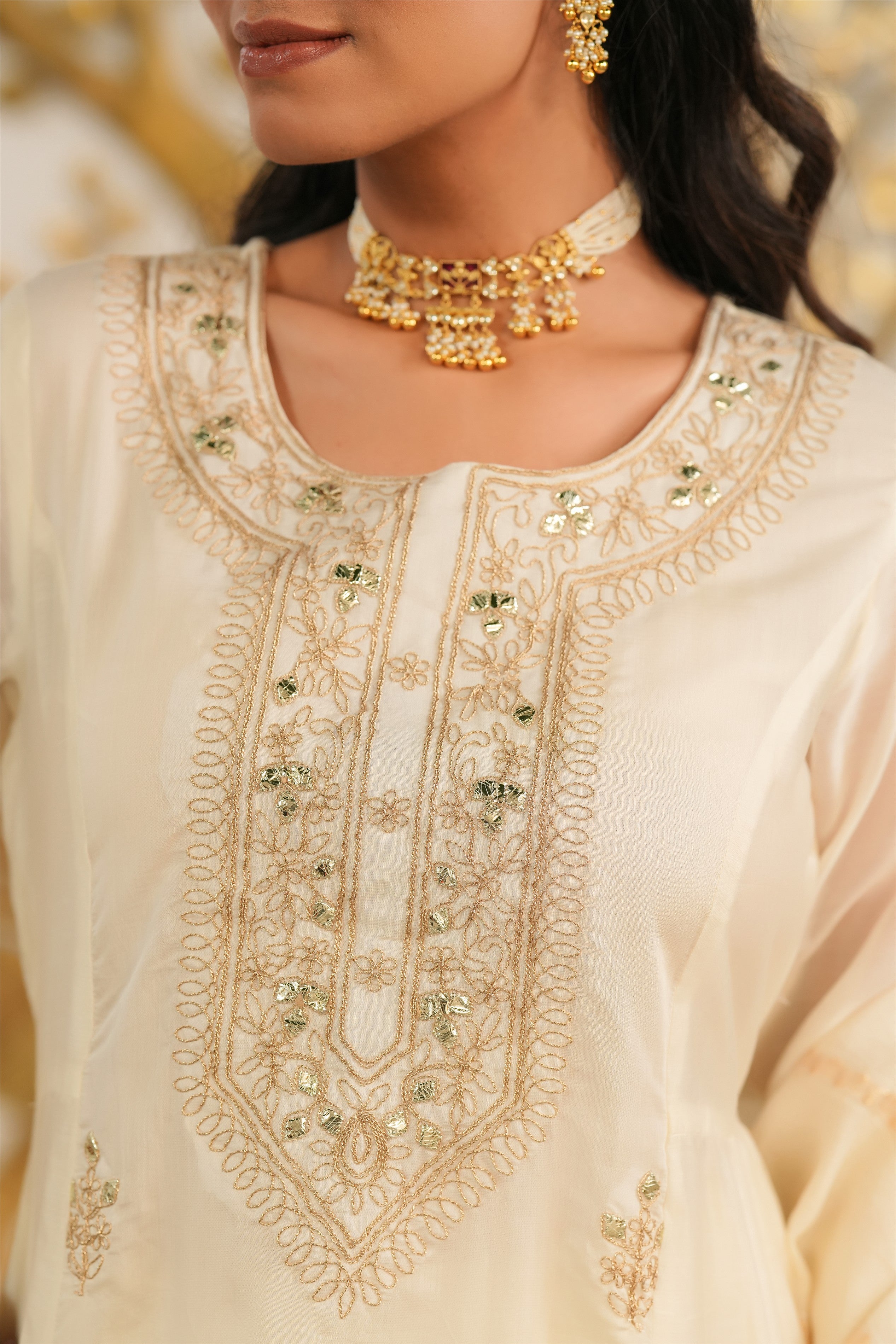 Ivory Mul Chanderi Dori Embroidered Anarkali Suit Set