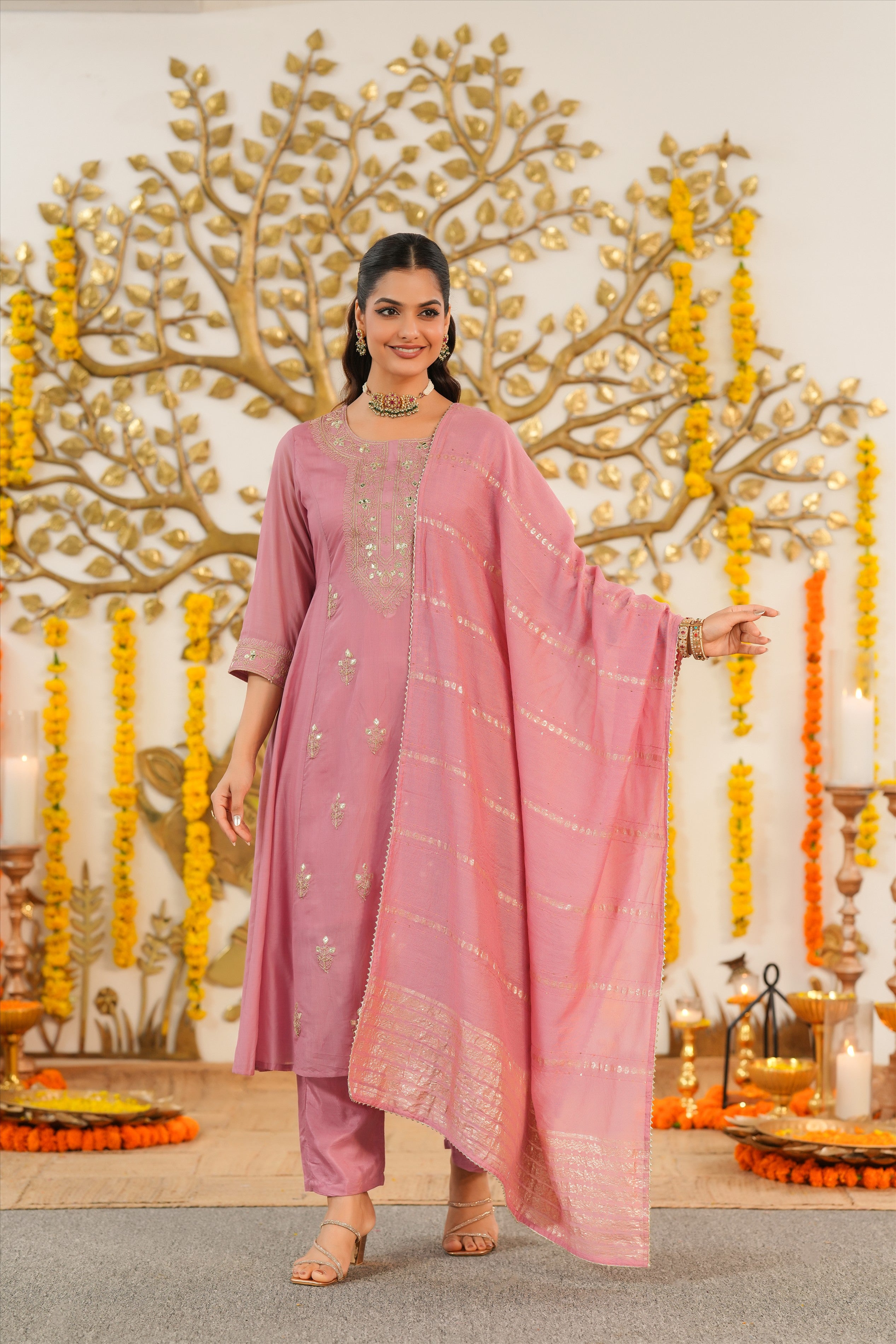 Mauve Mul Chanderi Dori Embroidered Anarkali Suit Set